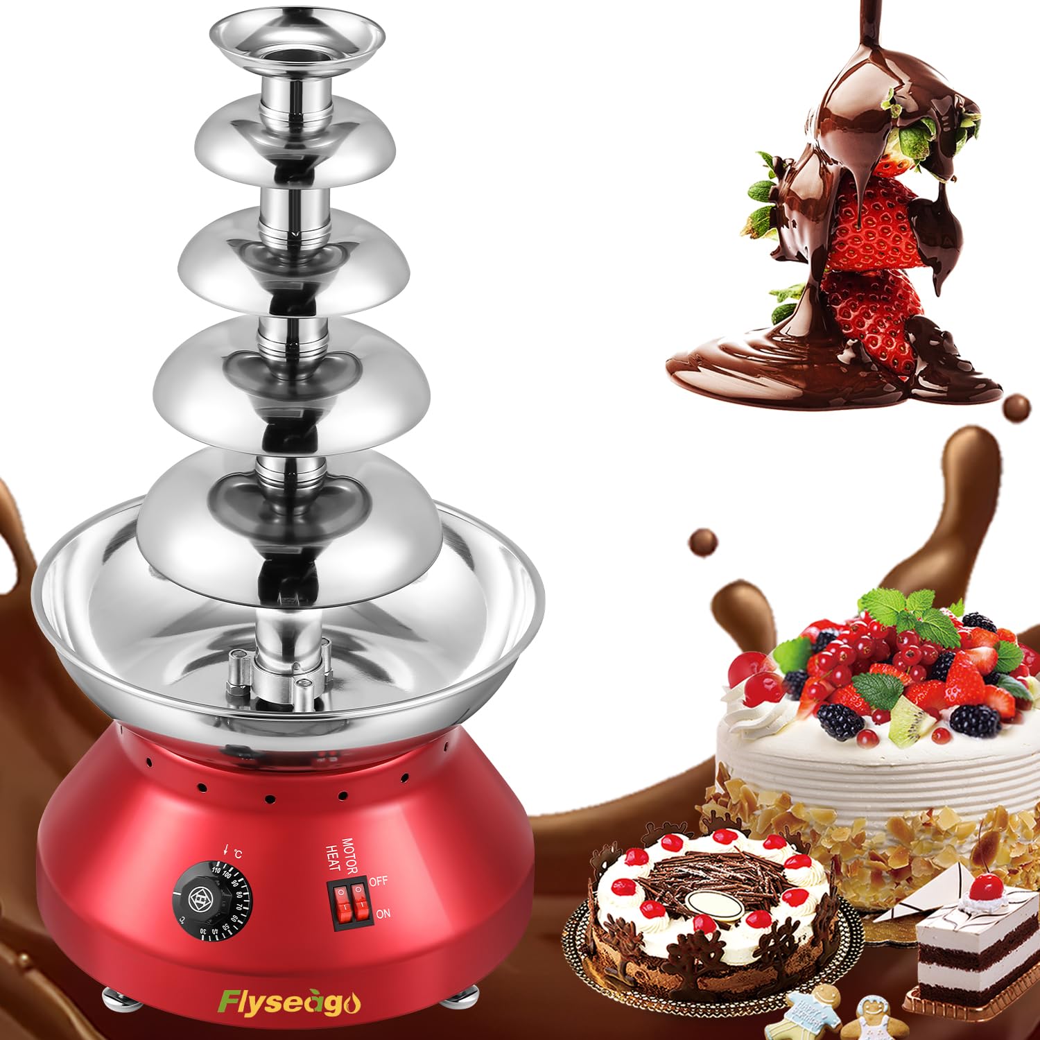 Commercial Chocolate Fountain Machine - 5 Tier 7-Pound Stainless Steel Hot Chocolate Melter for Fondue, Nacho Cheese & Liqueurs | Large Capacity Heating System for Weddings, Parties & Events (Vintage Red) | Perfect for Dessert Buffets, Catering Services & Holiday Celebrations