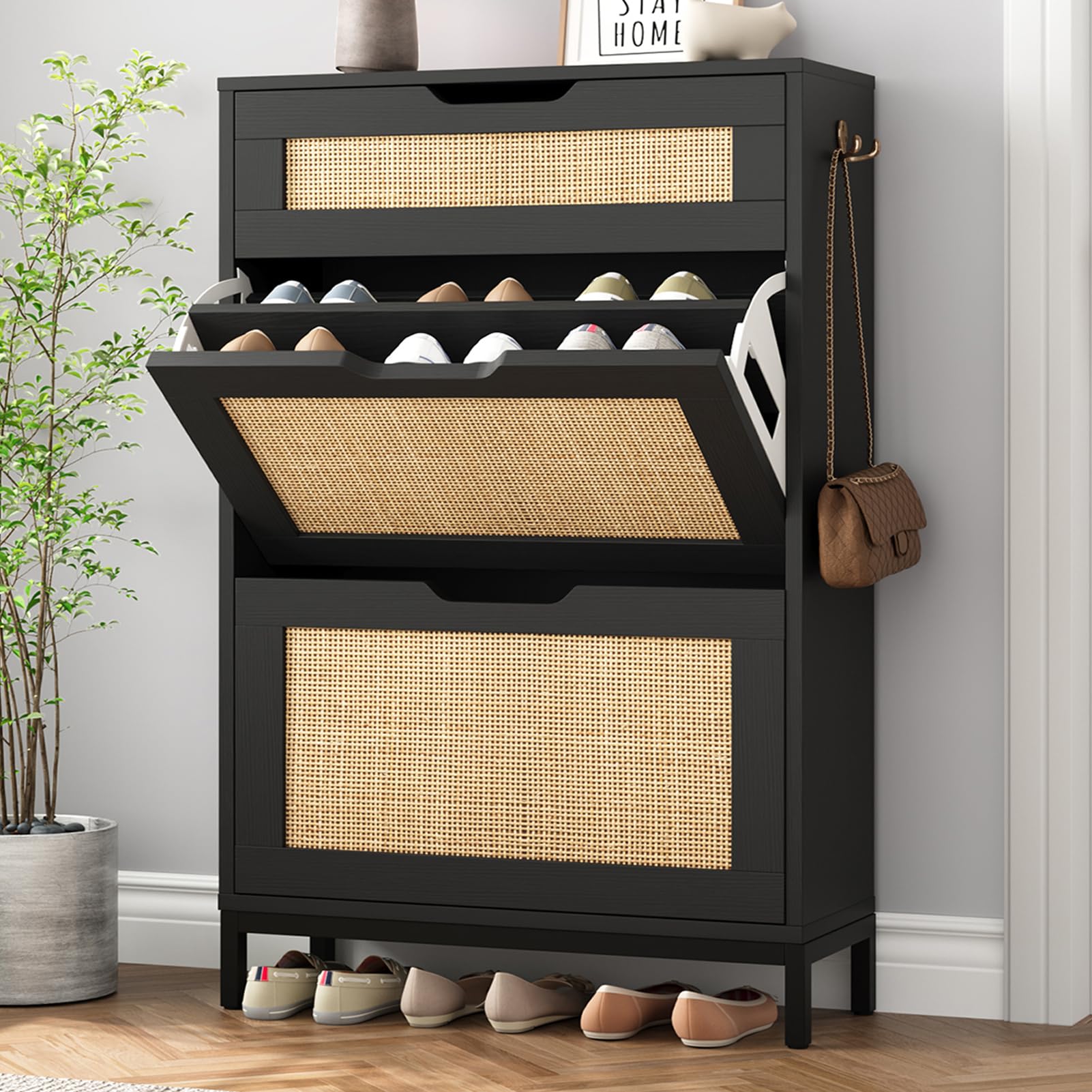 Modern Rattan Shoe Storage Cabinet - Narrow Entryway Shoe Organizer with 2 Flip Drawers, Free Standing Boho Style Shoe Rack for Hallway & Foyer - Perfect for Small Spaces & Hidden Shoe Storage (Black)