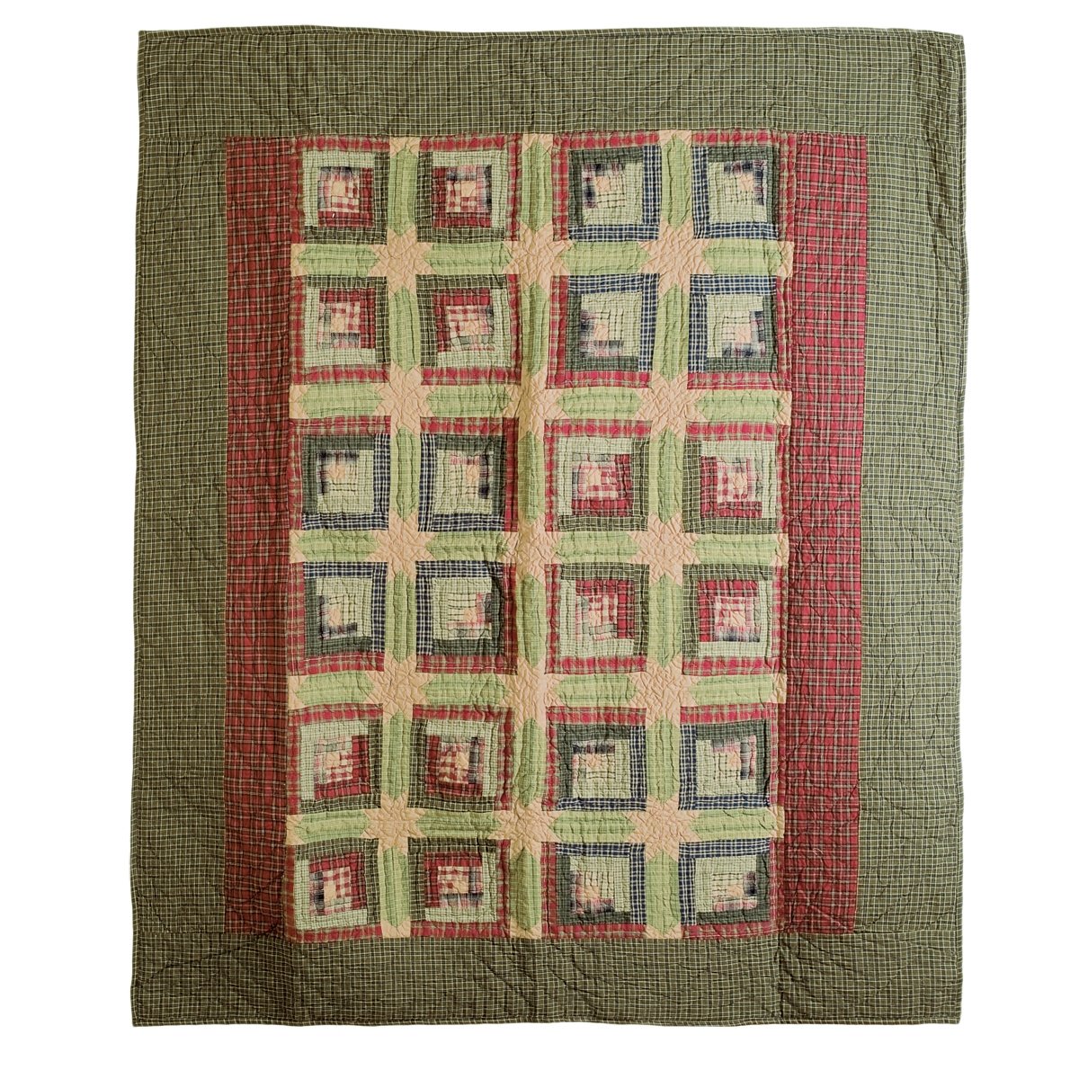 VHC Brands Tea Cabin Throw Quilted Blanket 60x50 Inches - Log Cabin Country Rustic Lodge Design in Moss Green and Deep Red - Cozy Farmhouse Decor for Sofa, Bed, or Cabin Retreat