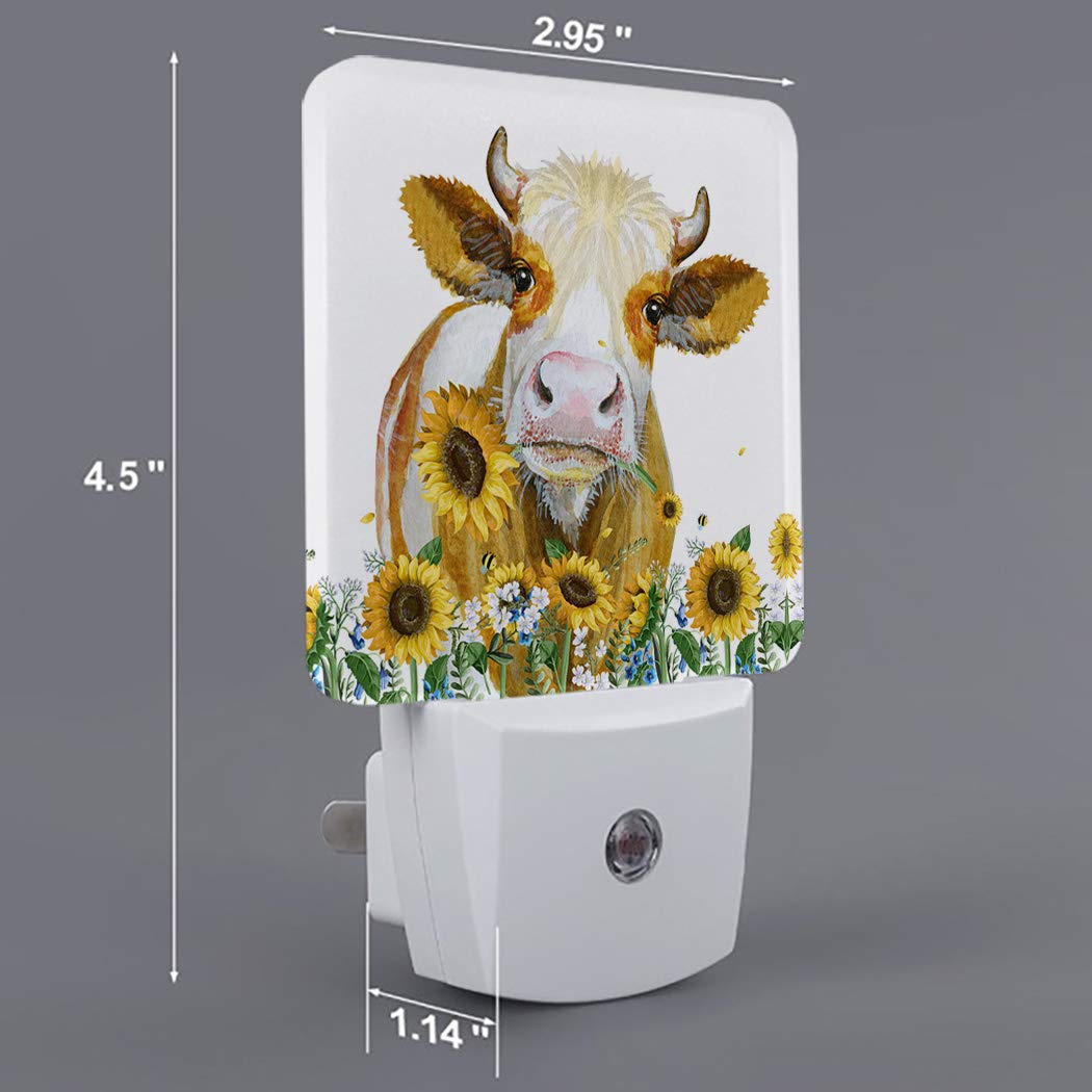 LED Night Light Plug in for Bedroom & Nursery - Sunflower Cow Wall Light with Auto Sensor, Kids Room Decor for Boys & Girls | Perfect for Bedtime, Hallway Safety & Baby Monitoring