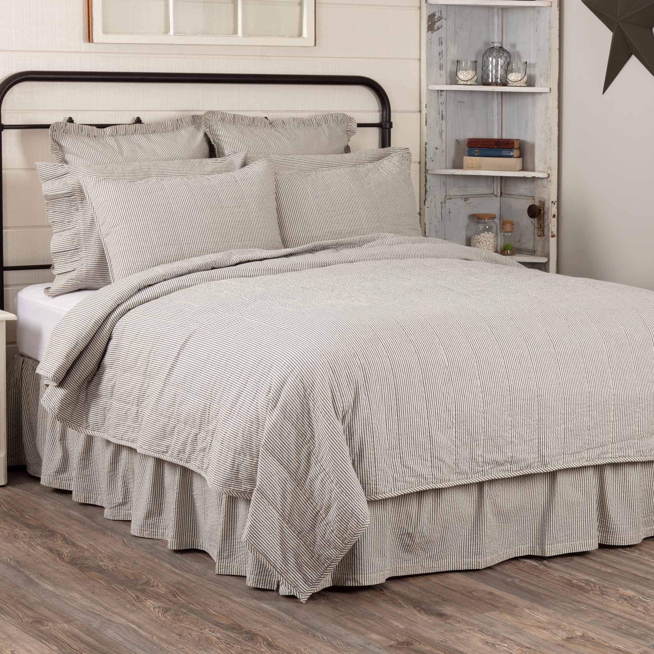 VHC Brands Hatteras Seersucker Ticking Striped Cotton Americana Bedding Set - Pre-Washed Queen Size Coverlet Quilt 94x94 Inches, Denim Blue - Perfect for Coastal, Farmhouse & Vintage Style Bedrooms