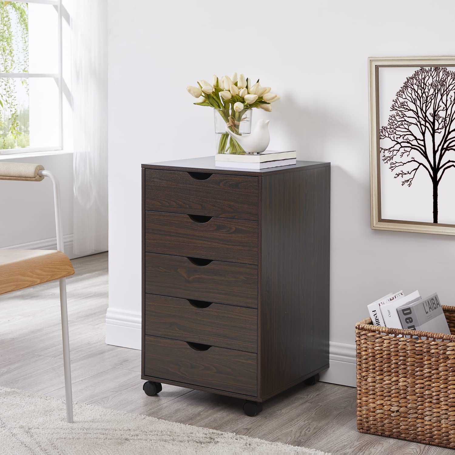 Naomi Home 5-Drawer Tall Dresser with Wheels & Storage Shelves - 180 lbs Capacity, Espresso Finish - Perfect for Bedroom, Closet, or Small Space Organization