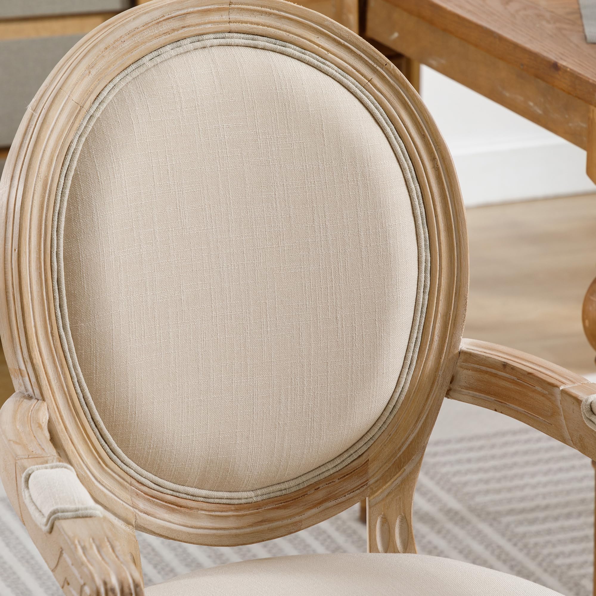 Solid Wood French Dining Chairs Set of 2 - Rustic Carved Wood Frame with Cane Back & Linen Upholstered Seat - Elegant Bistro Armchairs for Dining Room, Wedding, Living Room & Kitchen Decor