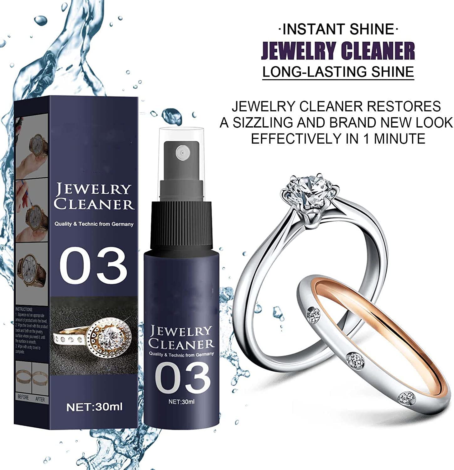 30ml Instant Shine Jewelry Cleaner for Silver, Gold & Diamonds - Anti-Tarnish Polishing Solution Spray (1pc) - Perfect for Rings, Necklaces & Watches at Home or Travel