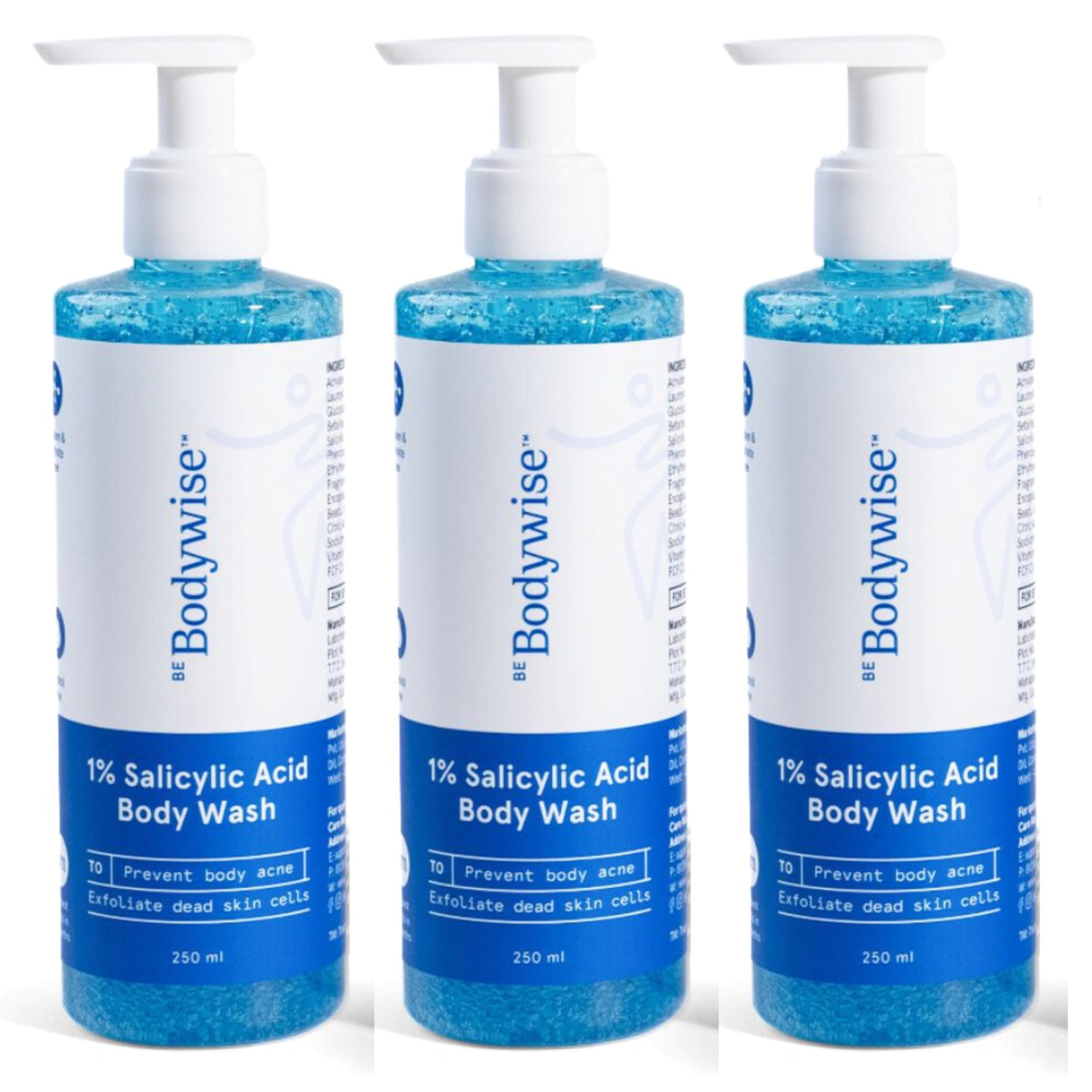 Be Bodywise 1% Salicylic Acid Body Wash 750ml - Acne Treatment & Exfoliating Cleanser for Clear Skin | Paraben & SLS Free | Pack of 3 | Ideal for Back Acne, Chest Breakouts & Body Exfoliation
