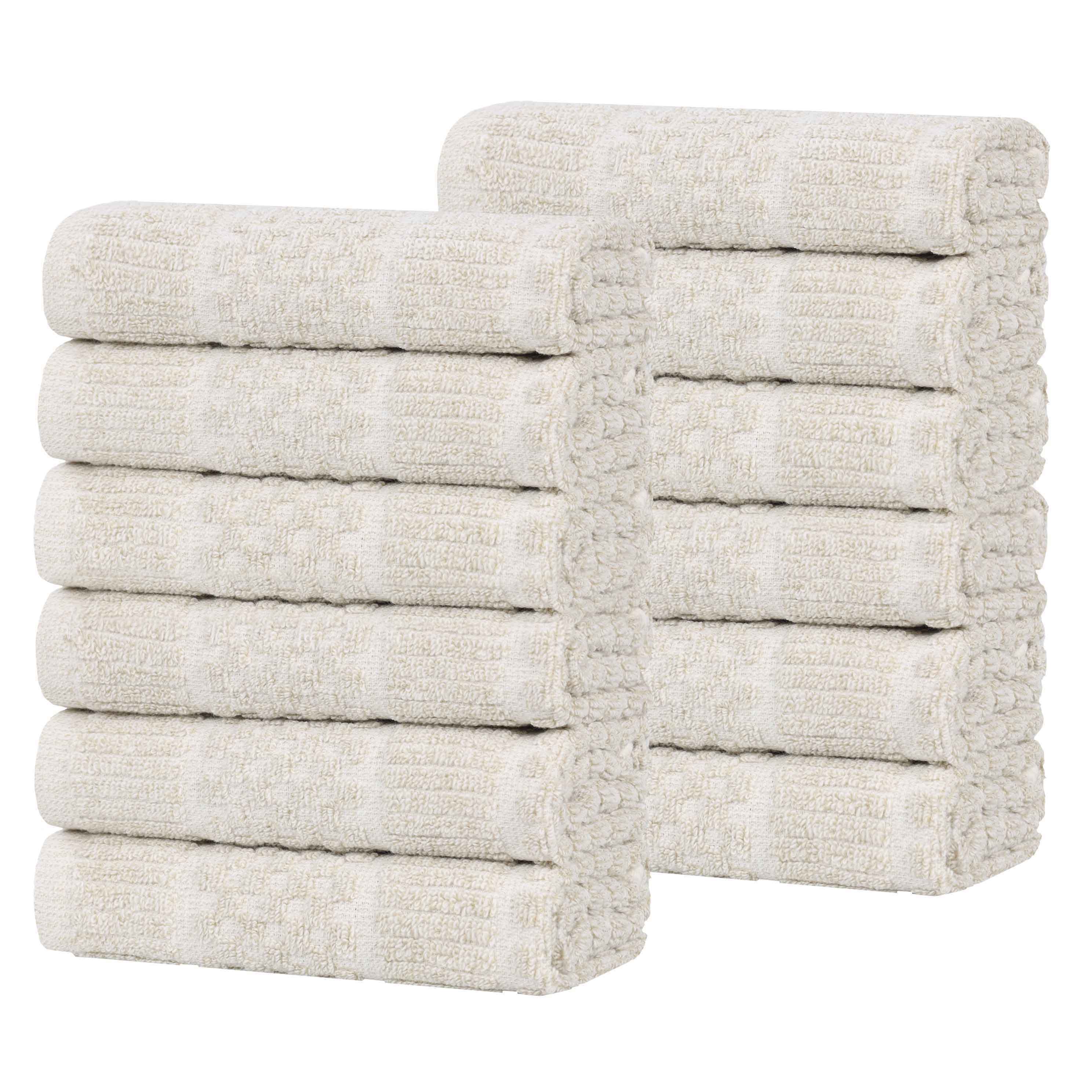 Premium Cotton Blend Checkered & Ribbed Face Towels Set of 12 - Soft Absorbent Bath & Hand Towels for Spa, Gym, and Everyday Use