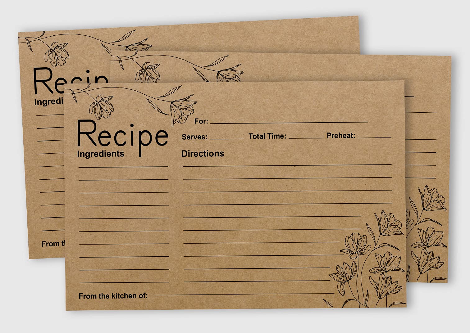 6x4 Inch Kraft Floral Recipe Cards - Single-Sided Wedding, Bridal & Baby Shower Recipe Design Cards - Pack of 50 - Perfect for DIY Recipe Books, Gift Giving & Party Favors