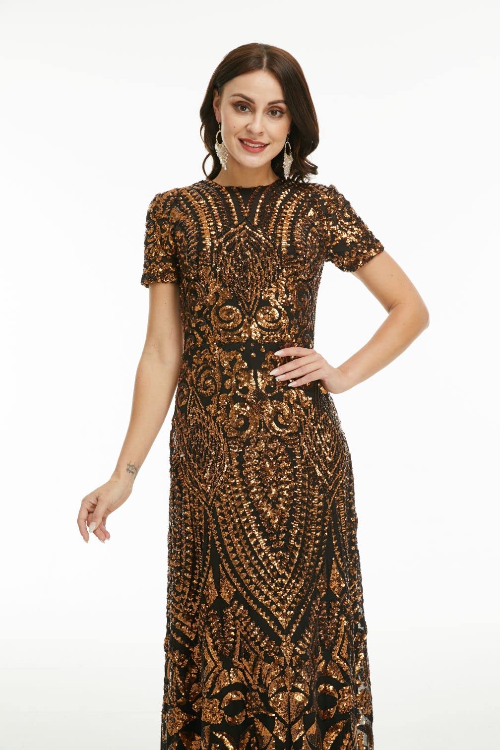 Elegant A-Line Short Sleeve Evening Dress with Sequins - Bridesmaid & Prom Formal Gown for Women | Perfect for Weddings, Parties & Special Occasions