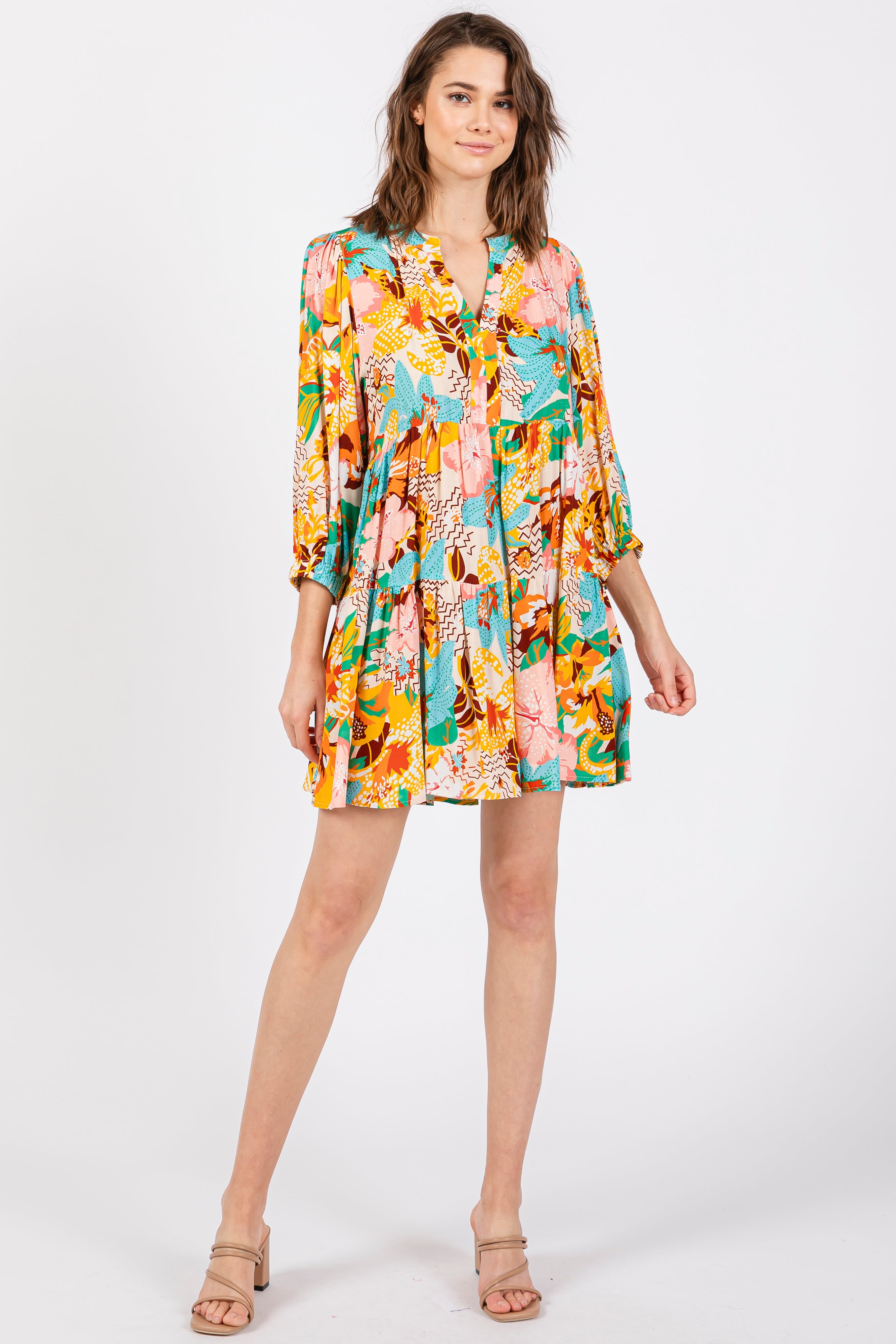 Beige & Multicolor Floral Maternity Dress with 3/4 Sleeves - Perfect for Baby Showers, Maternity Photos & Special Occasions