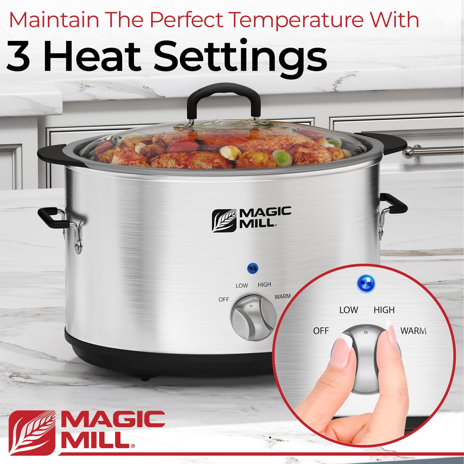 Magic Mill 10 Quart Slow Cooker - Extra Large Non-Stick Metal Searing Pot with Tempered Glass Lid, Lightweight & Multipurpose, Stovetop & Dishwasher Safe - Perfect for Family Dinners, Meal Prep & Entertaining