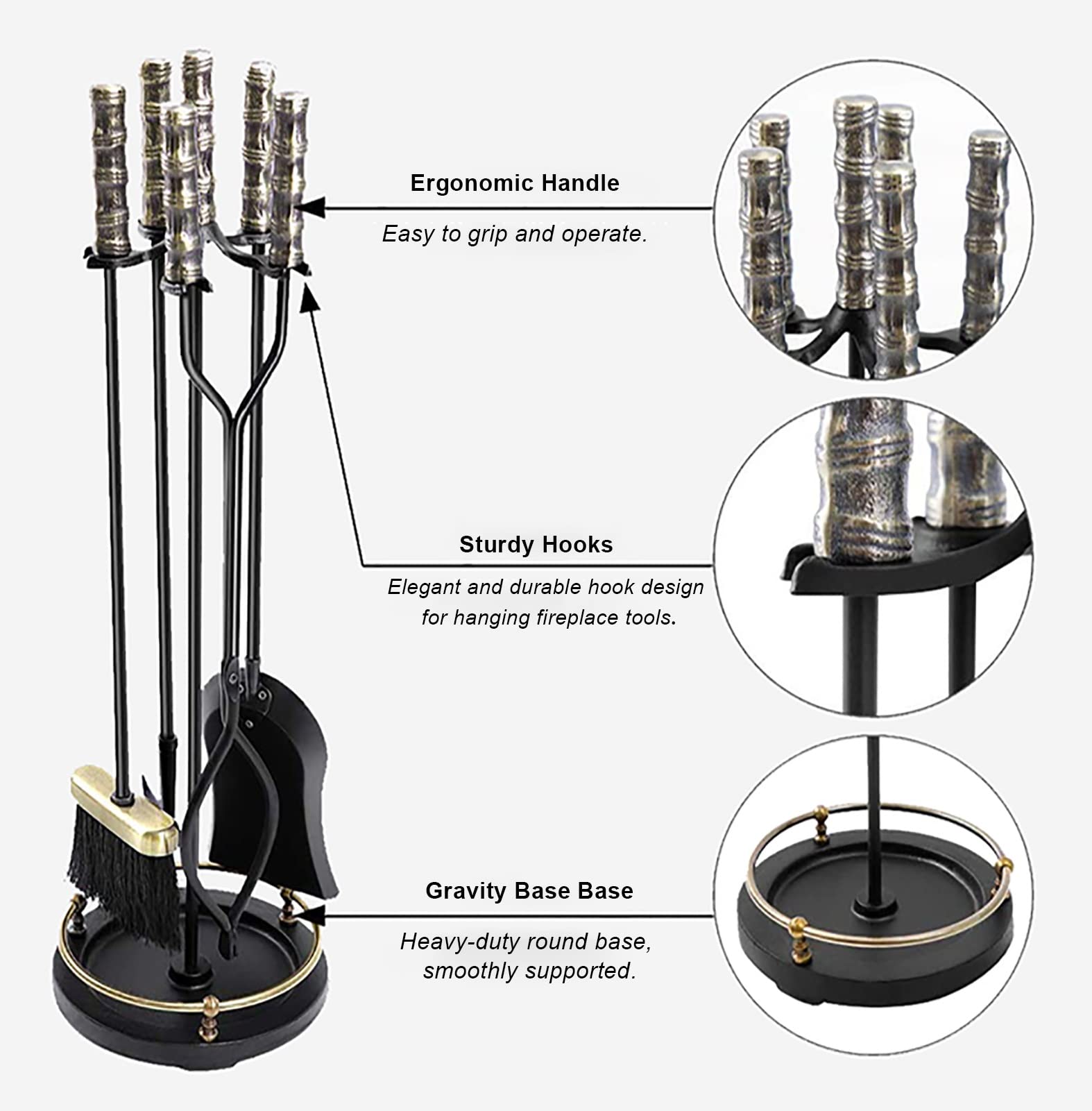 Premium MTSON 5-Piece Rustic Fireplace Tool Set with Brass Handles - Cast Iron Fireplace Accessories, Standing Design & Easy Assembly for Indoor/Outdoor Fire Pits, Fireplaces & Wood Stoves