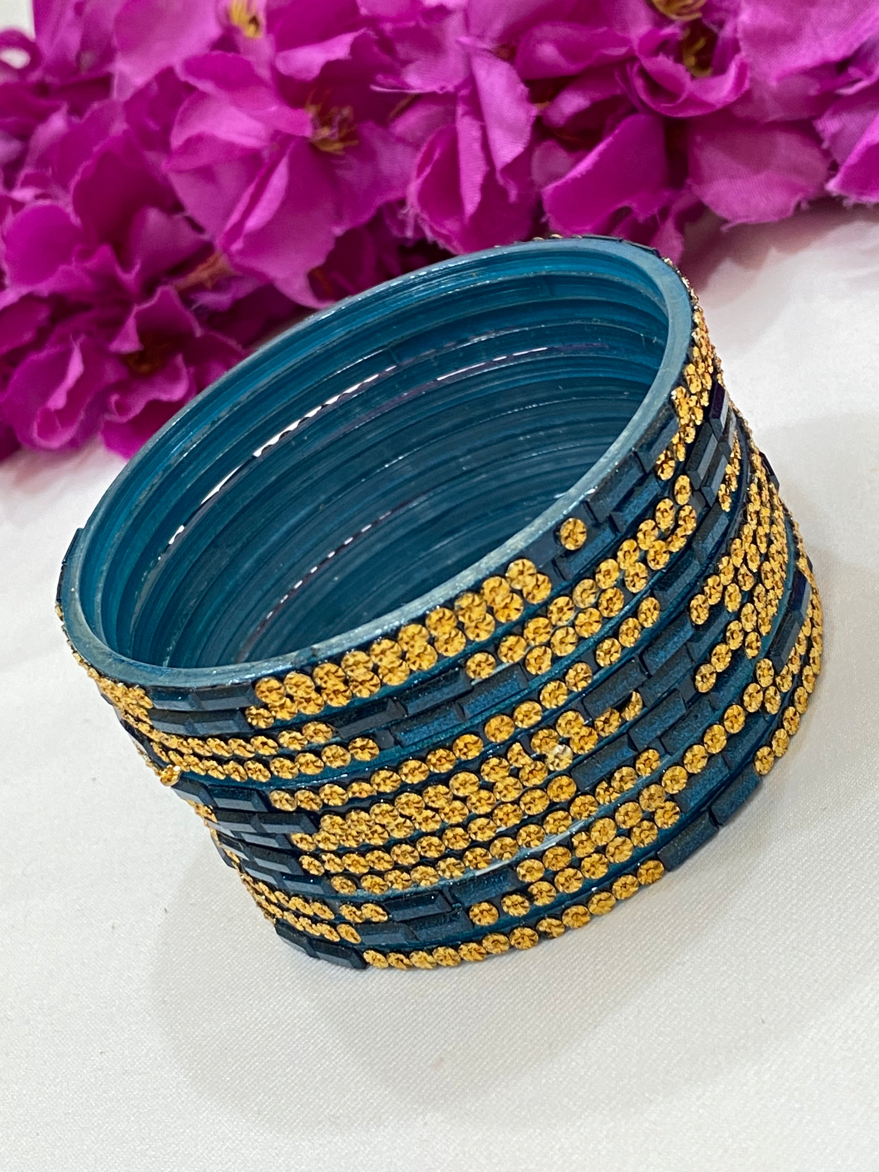 Elegant Teal Blue Stone-Designed Glass Bangles for Women - Perfect for Parties, Weddings & Casual Wear