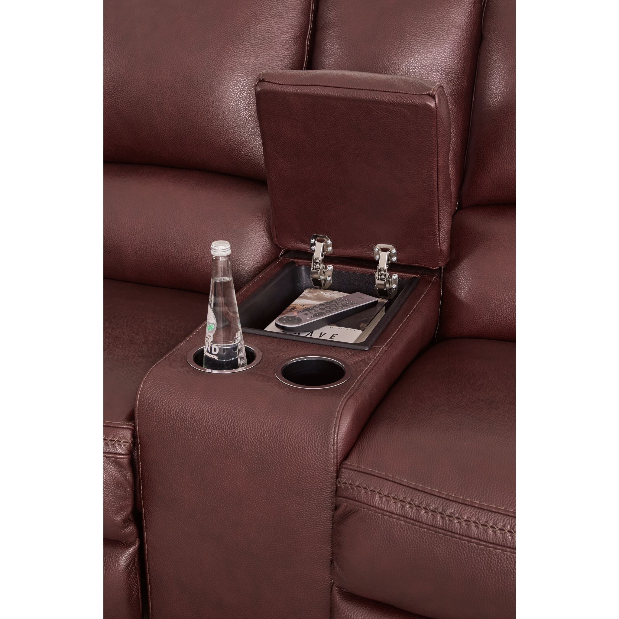 Alessandro Power Reclining Loveseat with Console in Garnet Red - Modern Leather Recliner Sofa for Living Room, Home Theater & Relaxation