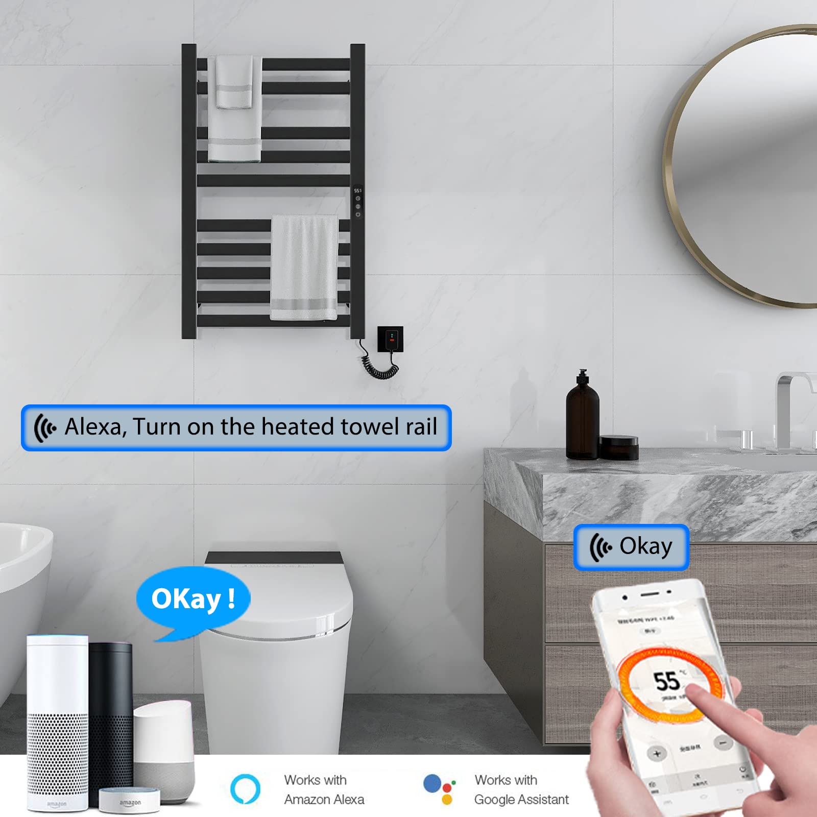 Smart WiFi Heated Towel Warmer Rack for Bathroom - Alexa & Google Home Compatible, TUYA App Control, Adjustable Timer (1H-9H) & Temperature (86℉-158℉) - Perfect for Spa-Like Luxury & Quick Drying - Black Right Side Installation