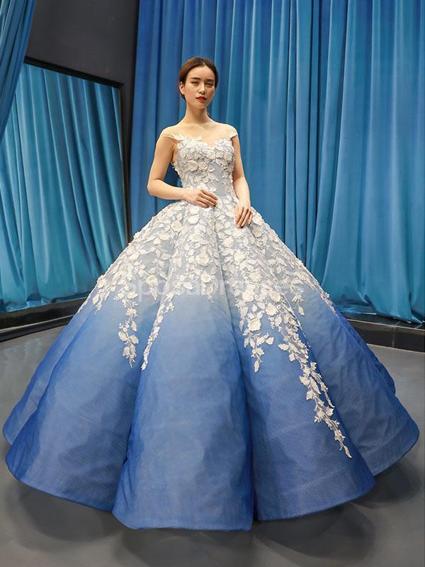 Elegant Ombre Blue Ball Gown Prom Dress with Jewel Neckline - Perfect for Evening Parties, Prom Nights & Formal Events | Style 12254