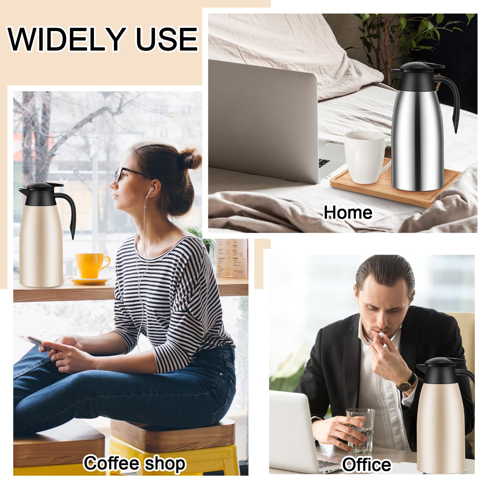 Uiifan 2 Pack 68oz Stainless Steel Thermal Coffee Carafe - Double Wall Vacuum Insulated Hot Beverage Dispenser for Coffee, Tea, Milk & Creamer - Includes Cleaning Brush (Silver & Champagne) - Perfect for Home, Office, Restaurants & Catering Events