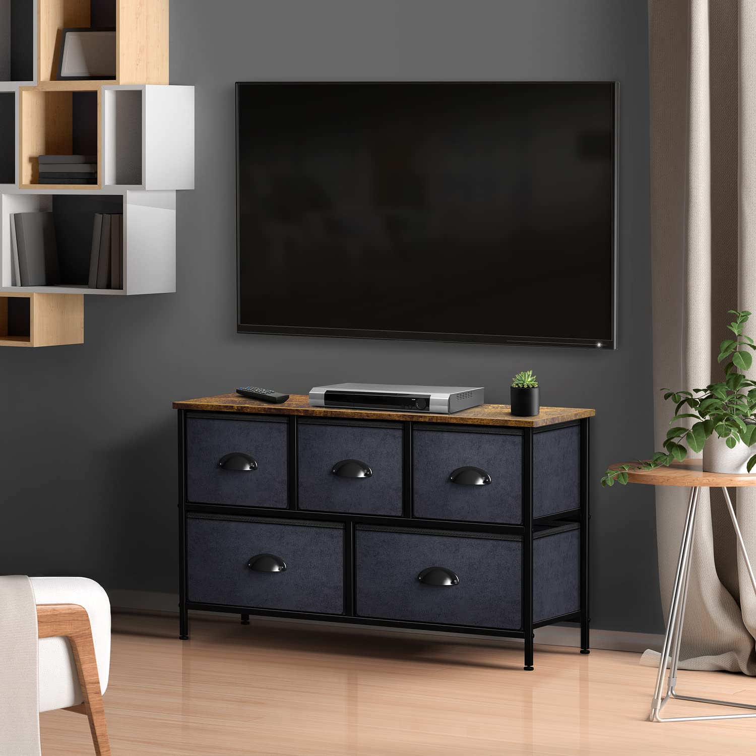 Sorbus 5-Drawer Dresser Organizer - Sturdy Steel Frame & Wood Top Storage Chest with Easy-Pull Fabric Bins - Wide TV Stand for Bedroom, Hallway, Closet & Office Organization | Perfect for Small Space Storage & Home Decor
