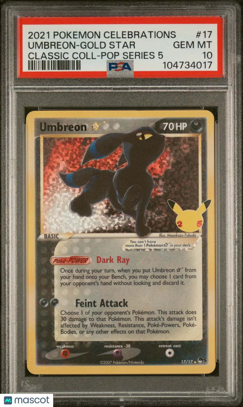 2021 Pokemon Celebrations Umbreon Gold Star #17 Classic Collection Pop Series 5 PSA 10 Graded Card - Rare Collectible for Trading Card Game Enthusiasts & Perfect Gift for Pokemon Fans
