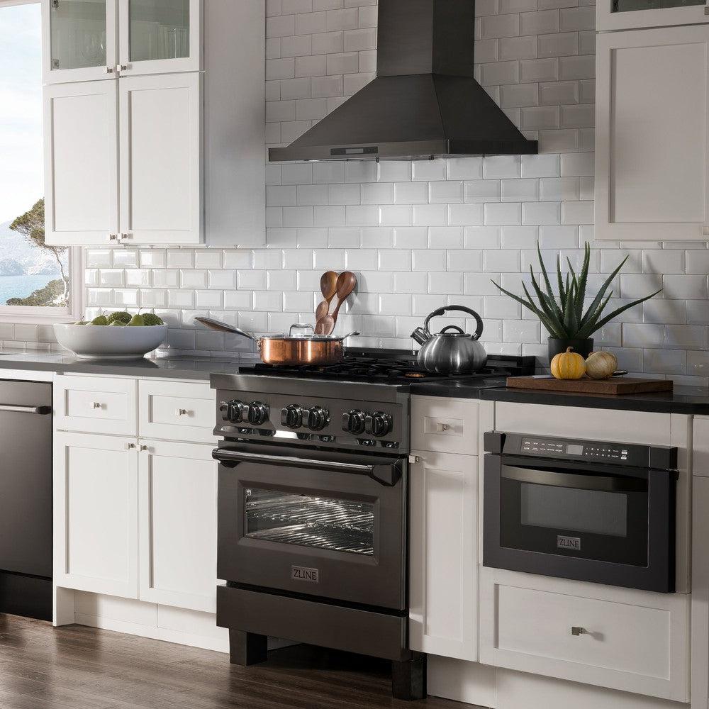 ZLINE 30-inch 4.0 cu. ft. Dual Fuel Range - Black Stainless Steel Gas Cooktop & Electric Convection Oven with 4 Brass Burners | Perfect for Modern Kitchens, Home Chefs & Gourmet Cooking (RAB BR 30)