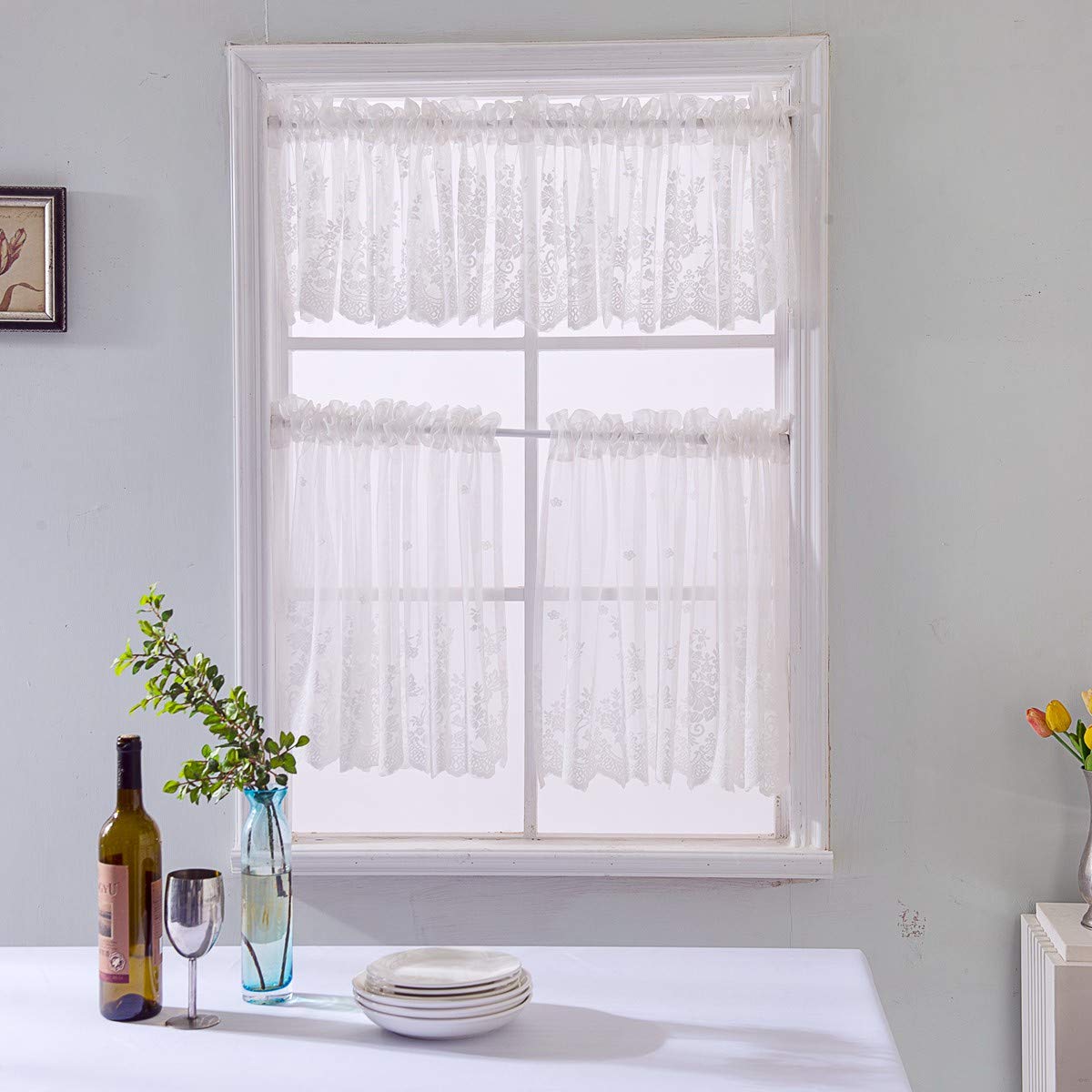 Sheer Lace Half Window Curtains 36x18 Inch - Elegant White Semi-Transparent Cafe Curtains for Kitchen, Living Room, Bedroom & Restaurant Decor - Perfect for Small Windows & Privacy Sheers