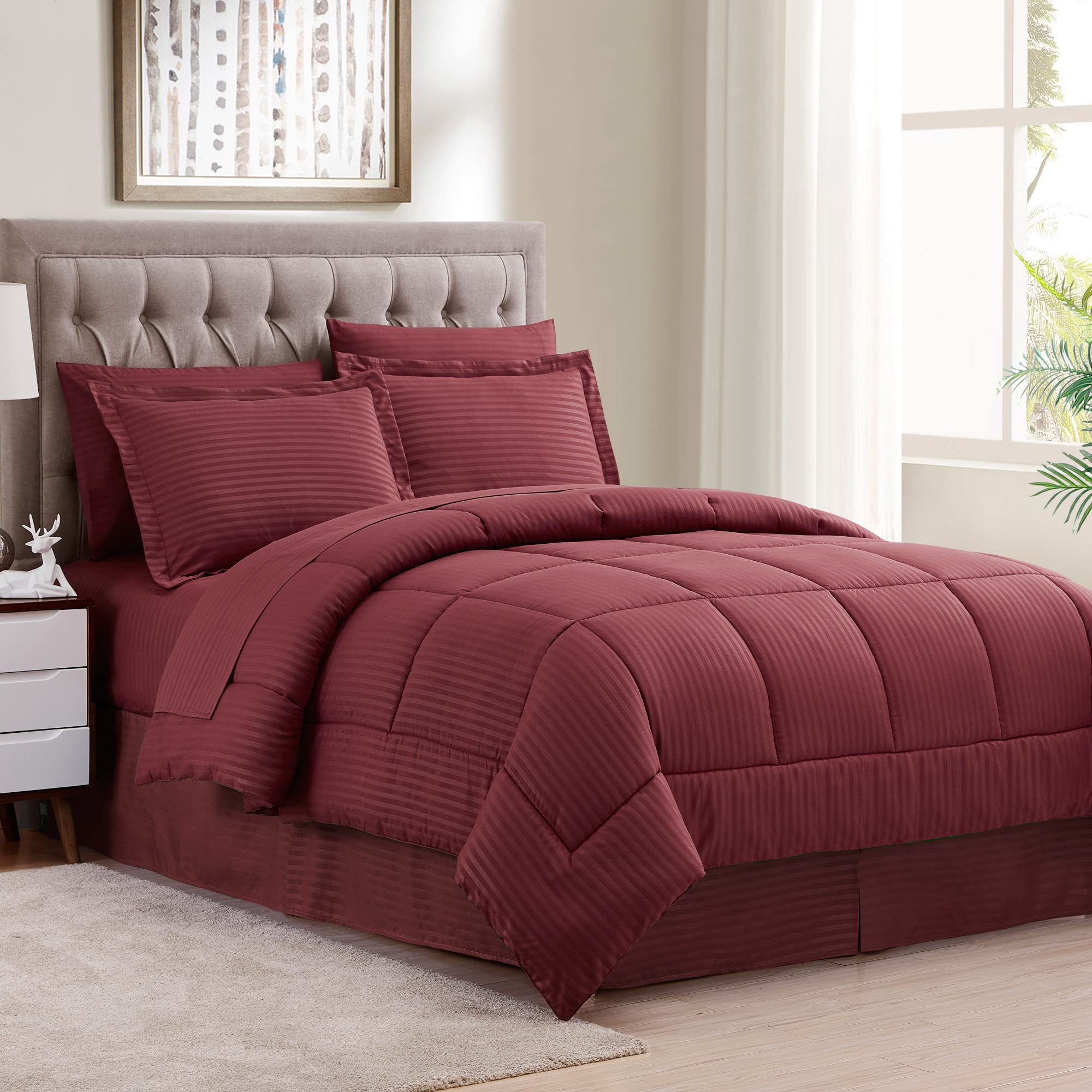 King Size 8-Piece Comforter Set with Bed Skirt, Fitted Sheet, Flat Sheet, 2 Pillowcases & 2 Shams - Dobby Burgundy Luxury Bedding for Master Bedroom & Guest Room