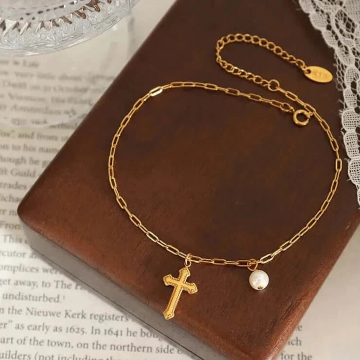 18K Gold Pearl Cross Charm Anklet Chain for Women - Elegant Adjustable Ankle Bracelet for Daily Wear, Gift, and Special Occasions | S098