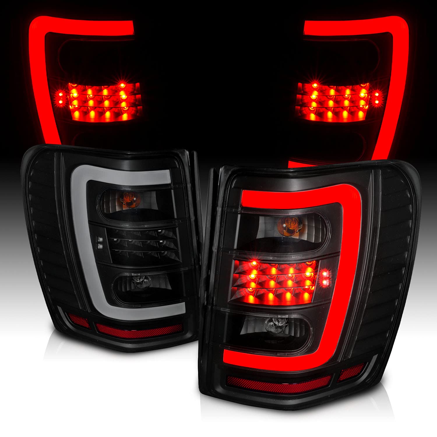 1999-2004 Jeep Grand Cherokee C-Type LED Tube Tail Lights - Dark Black Replacement Set (Driver & Passenger Side) | Enhanced Visibility & Stylish Upgrade for Off-Road Adventures & Night Driving