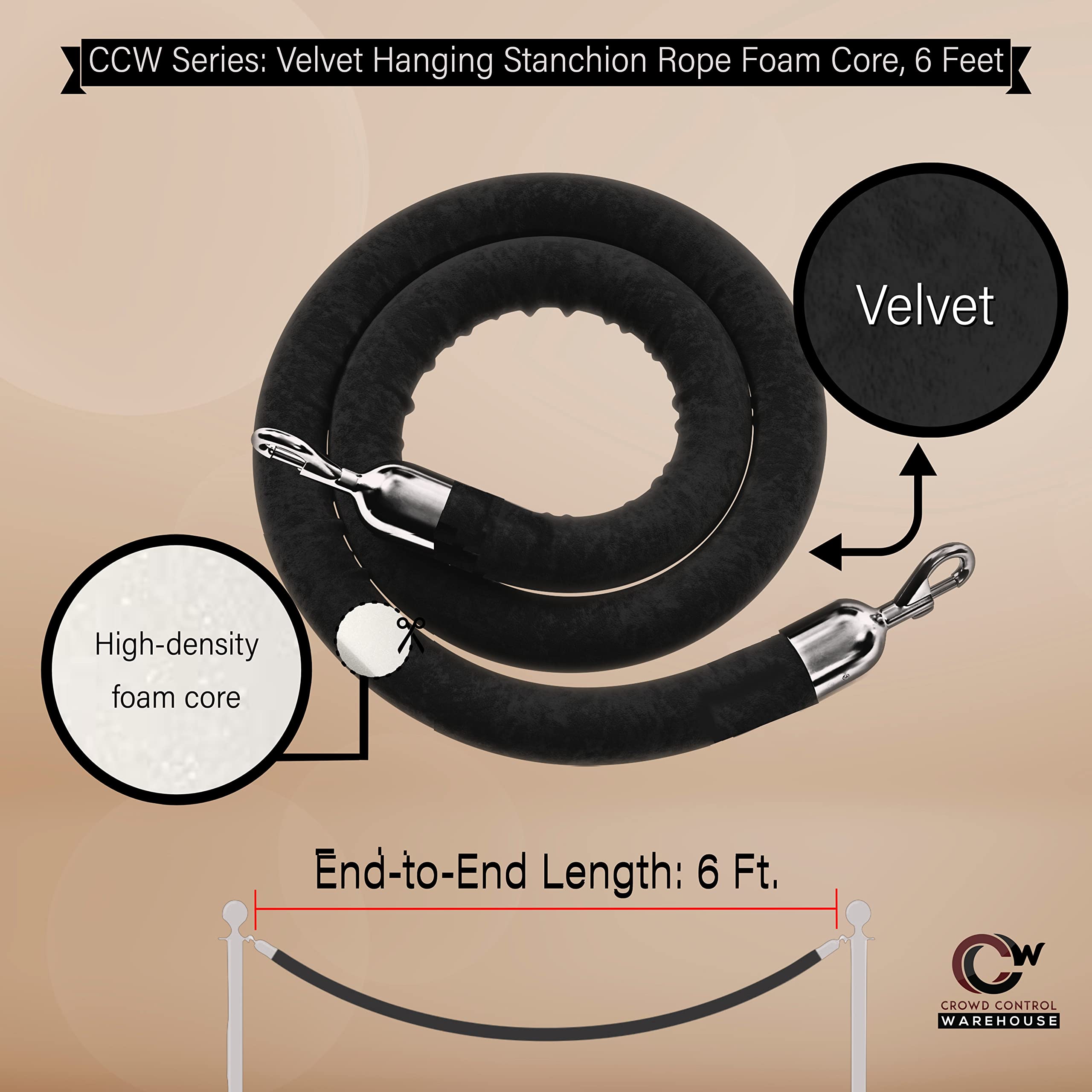 Montour Line Velvet Hanging Stanchion Rope with Foam Core - 8ft Gray Rope & Polished Stainless Steel Snap Ends - Perfect for Event Crowd Control, VIP Sections & Rope Barriers