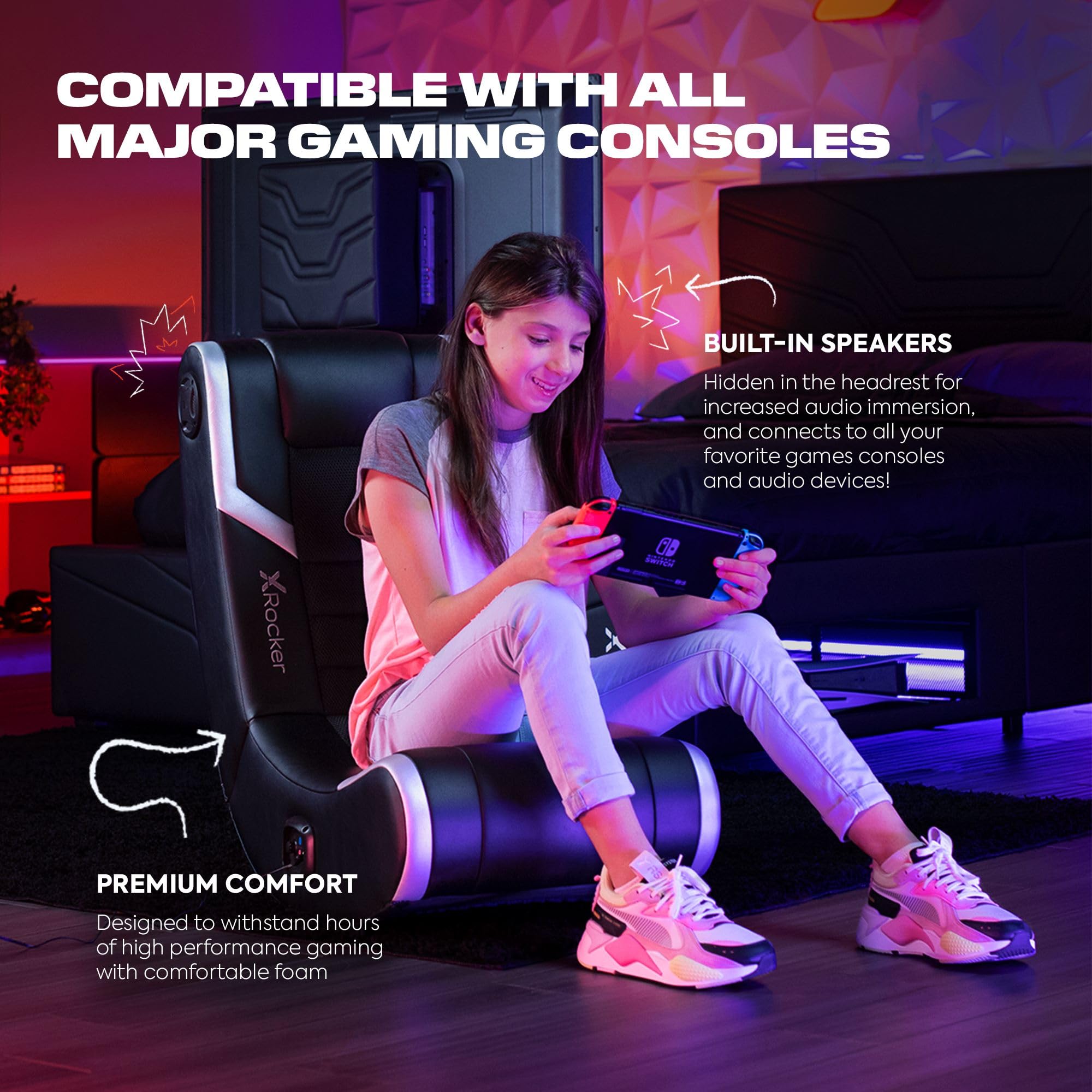 X Rocker Video Gaming Floor Rocker Chair with Built-in Speakers | Foldable Ergonomic Design for Bedroom & Game Room | Perfect Gaming Gift for Boys, Girls & Teens Ages 5-17 | Ideal for Console Gaming, Movie Nights & Relaxation
