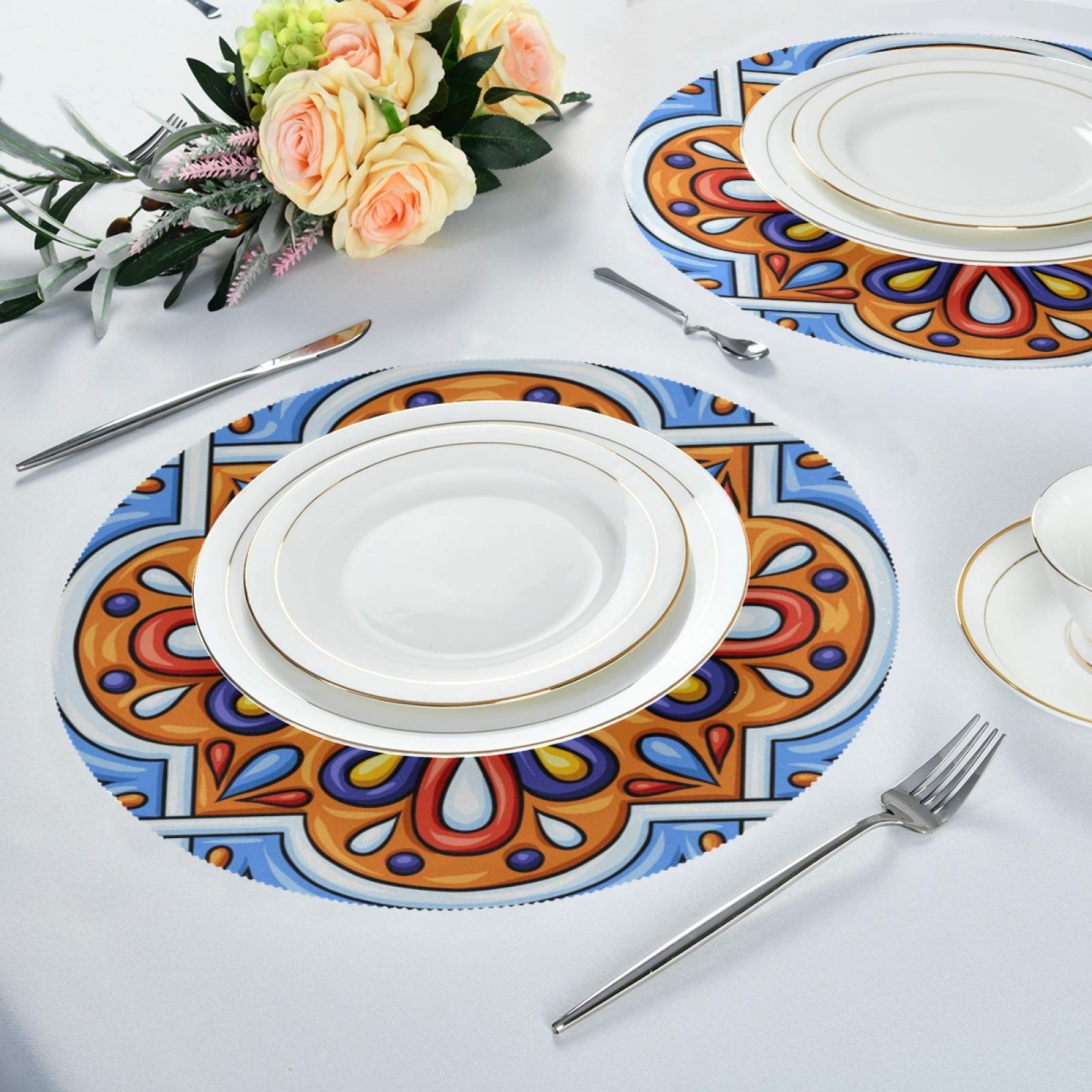 Qilmy Mexican Talavera Round Placemats Set of 4 - Durable Non-Slip Table Mats, Heat & Stain Resistant - Perfect for Kitchen Table Decor, Dining Room, Outdoor BBQ & Party Settings