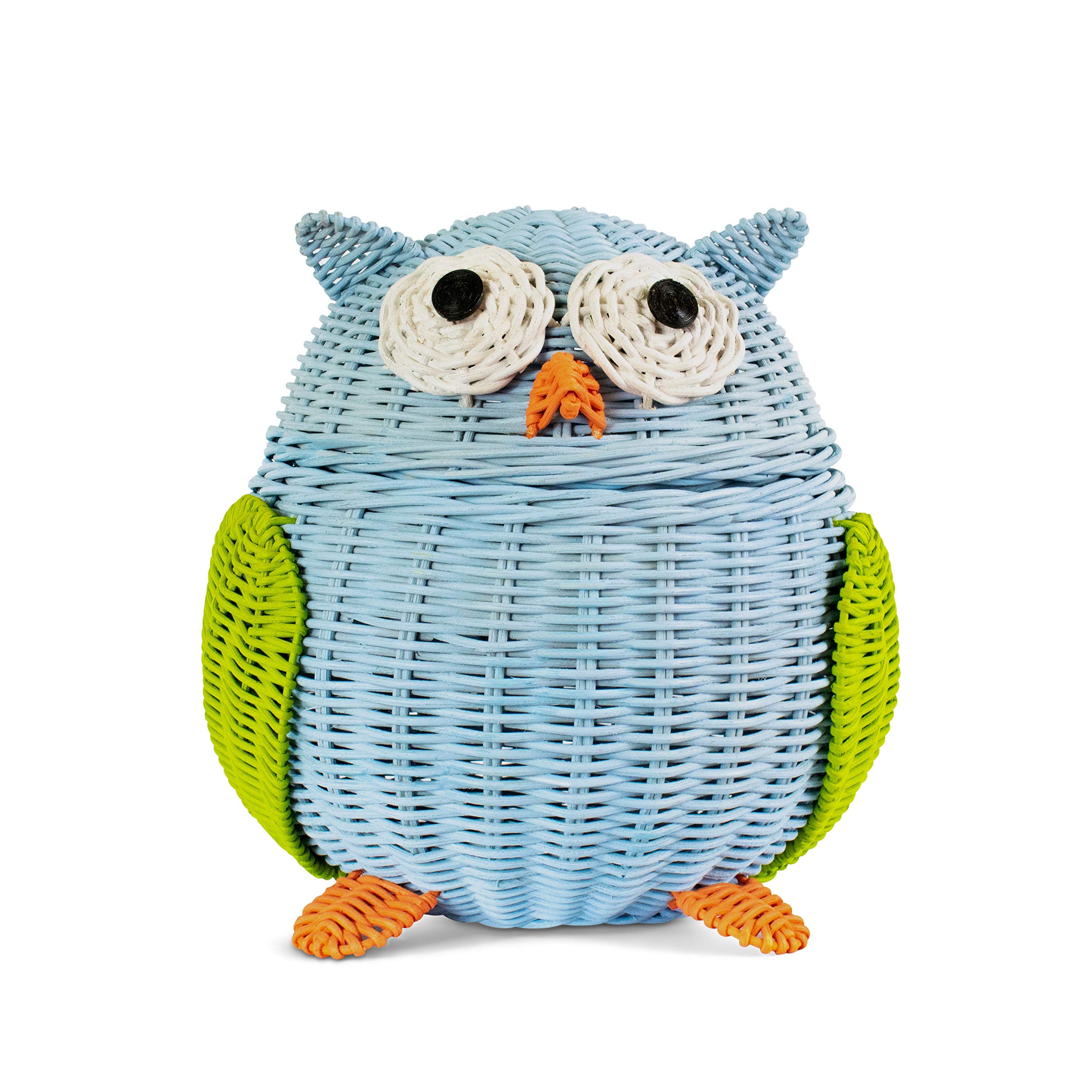 Handwoven Owl Rattan Storage Basket with Lid - Large Blue Wicker Organizer for Home Decor, Shelf Storage & Gift | Perfect for Nursery, Living Room & Bathroom Organization