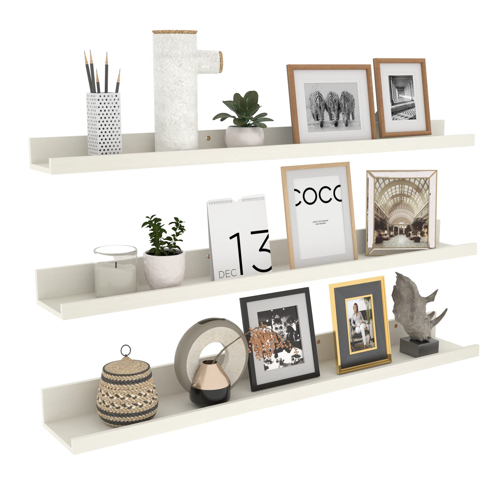 36 Inch Floating Shelves Set of 3 - Wooden Wall Mounted Picture Ledge Shelf for Living Room, Bathroom, Bedroom, Kitchen & Office - Creamy White - Perfect for Displaying Photos, Books & Decor
