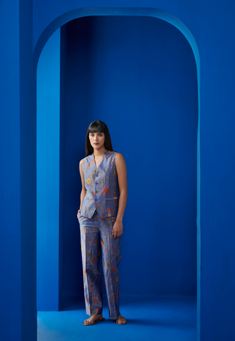 Elegant Silk Brocade Vest Coat in Cobalt Blue - Perfect for Formal Events, Weddings & Special Occasions