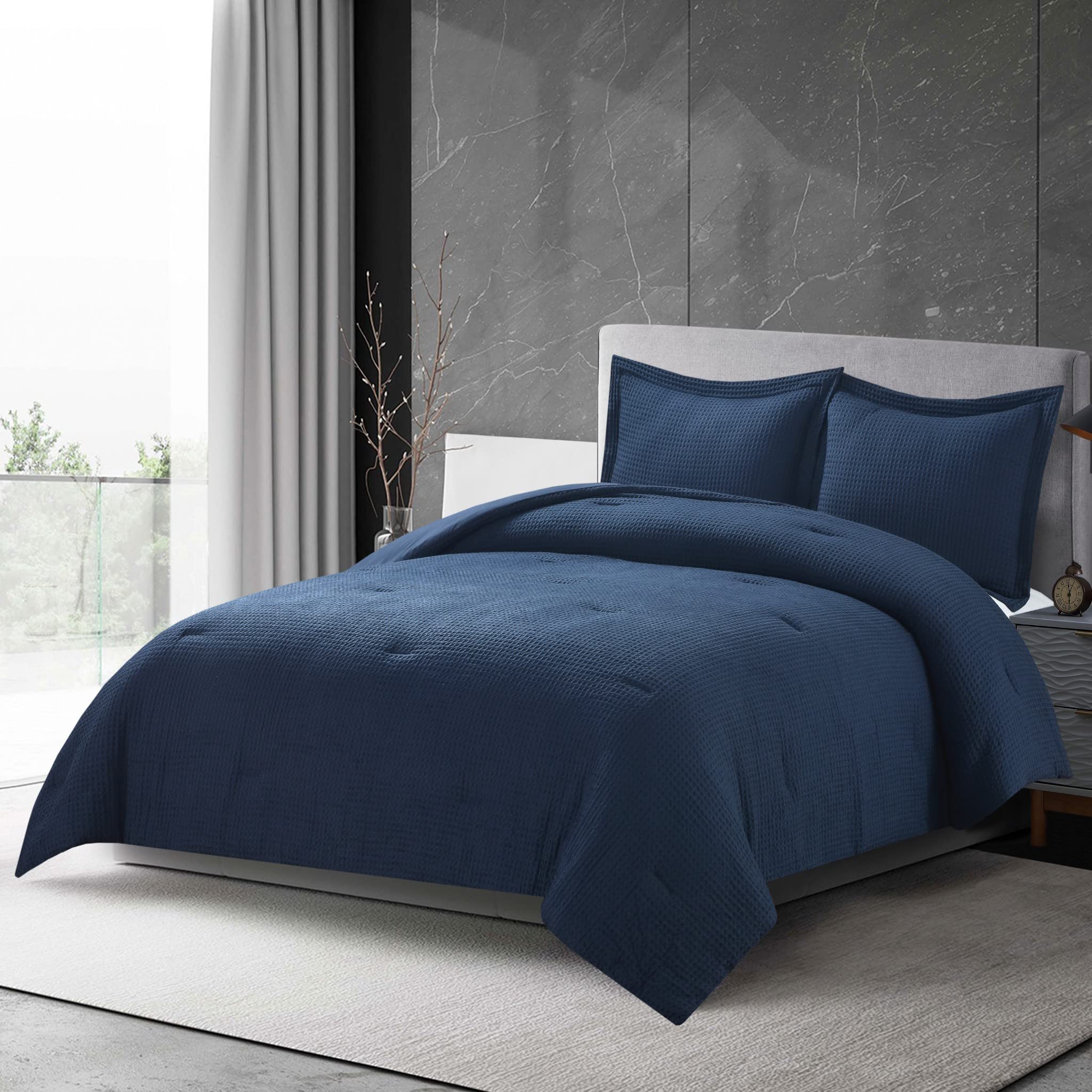 Chezmoi Collection Wilmer 2-Piece Waffle Weave Comforter Set - Ultra Soft & Cozy All-Season Bedding for Twin Beds, Navy Blue - Perfect for Kids' Rooms, Guest Bedrooms & Dorm Decor