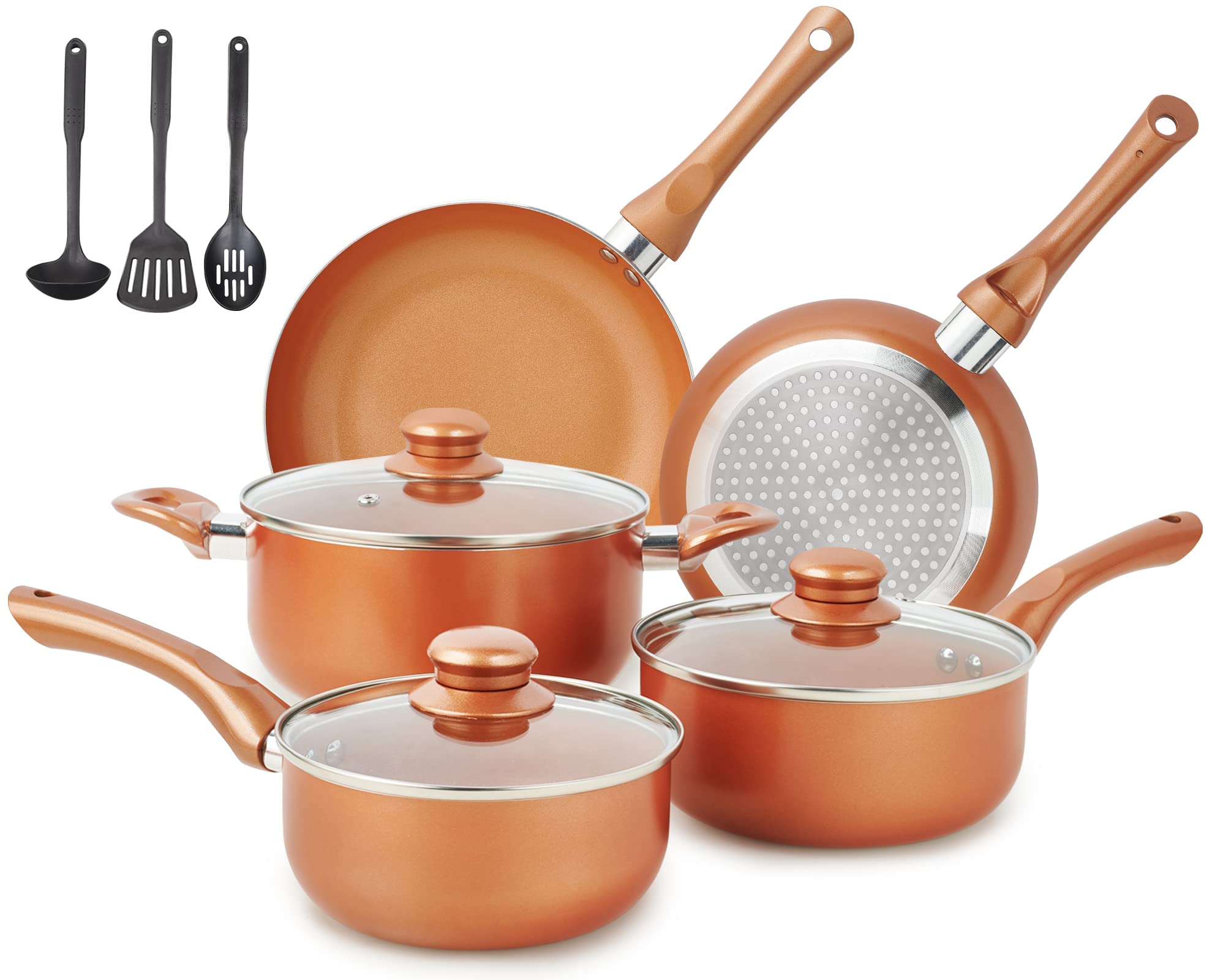 Ultra Nonstick 11-Piece Pots and Pans Set with Ceramic Copper Coating - Stay Cool Handles & Includes Nylon Kitchen Utensils - Gas & Induction Compatible, 100% PFOA Free - Perfect for Home Cooking, Professional Kitchens & Everyday Meal Prep