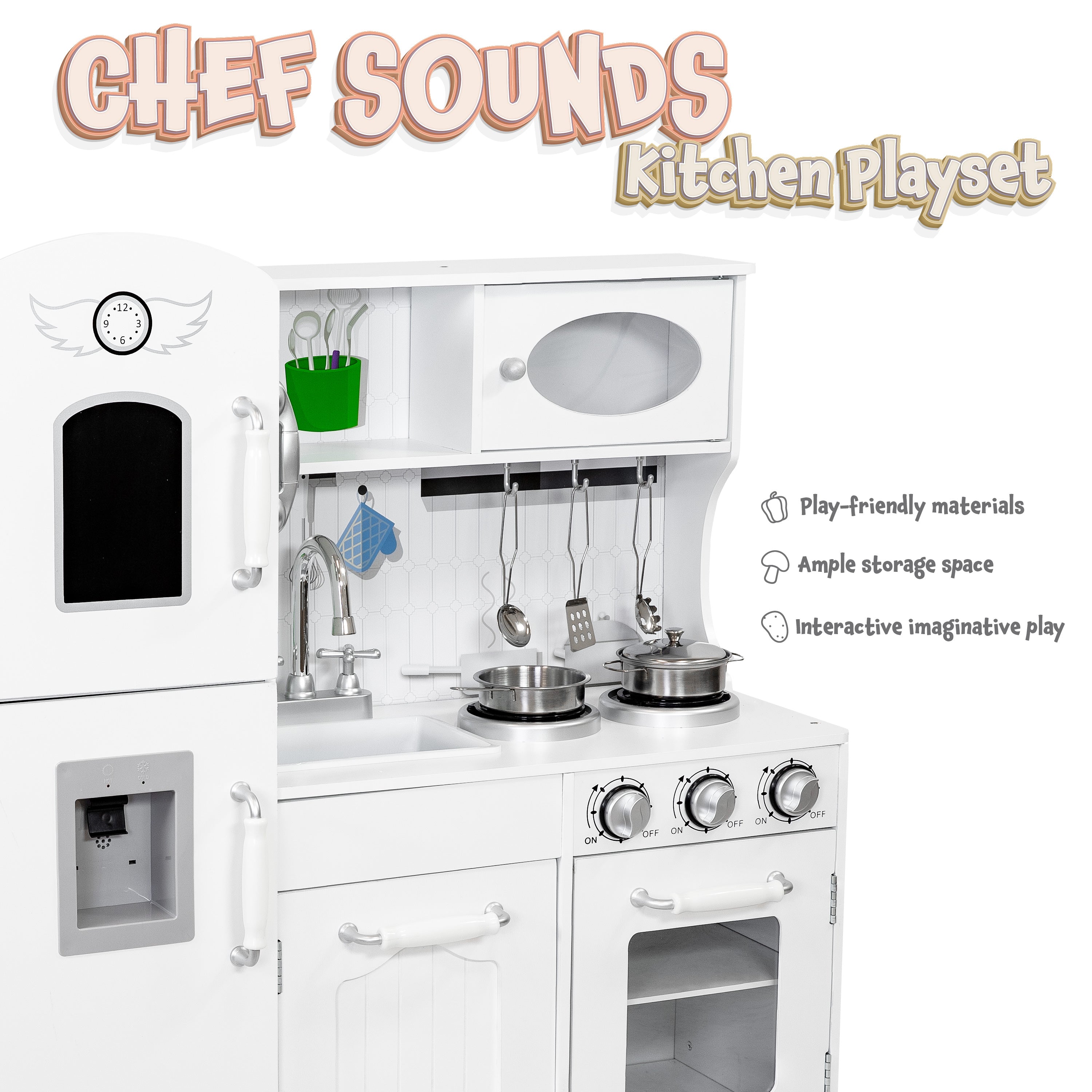 Sunnydaze Chef Sounds Wooden Play Kitchen Set with Lights & Sounds - Interactive Pretend Play Toy for Kids, Perfect for Home & Preschool Learning Activities