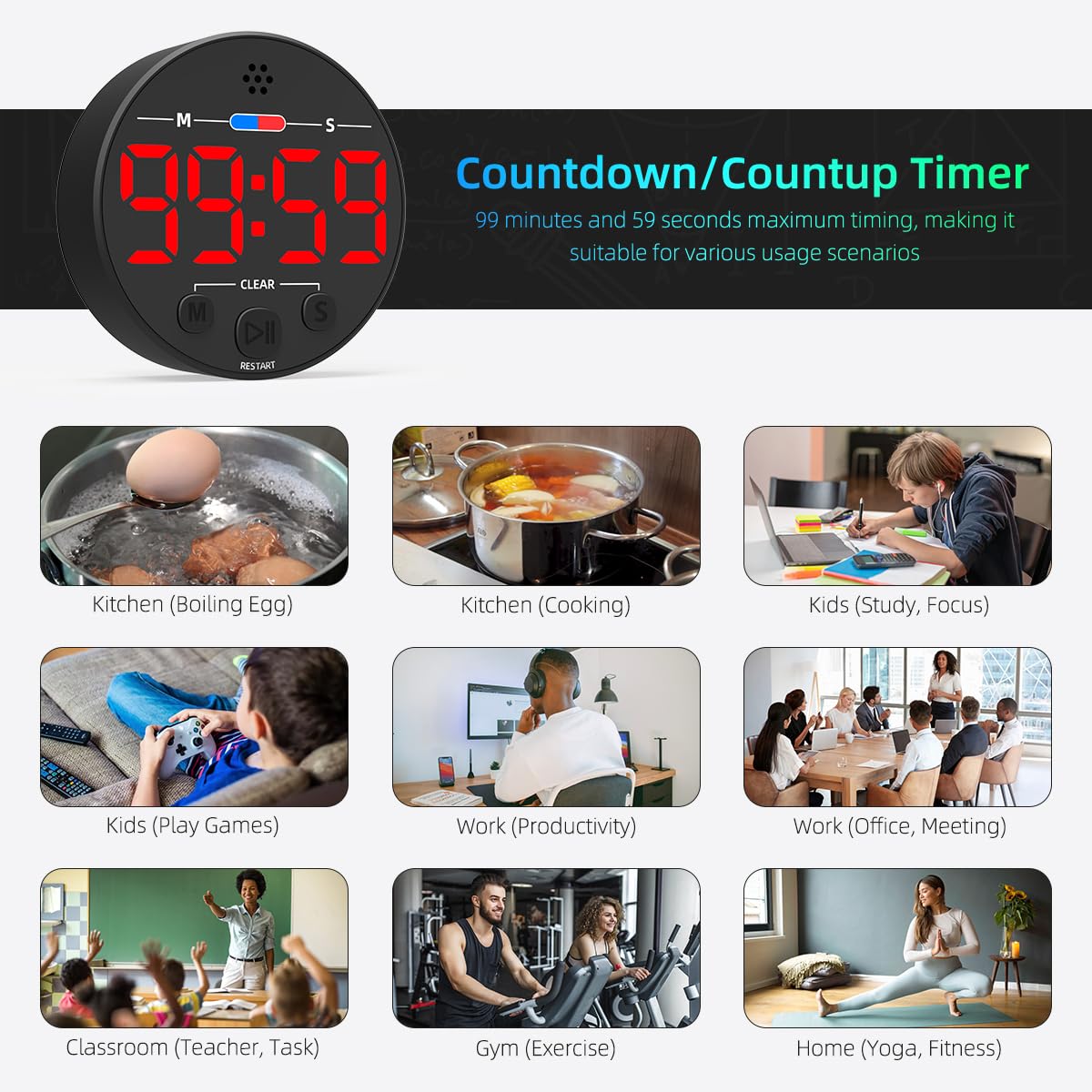 Digital Kitchen Timer with Magnetic Back - Large LED Display & Loud Alarm for Cooking, Classroom, Kids, Work & Productivity - Countdown Timer for Eggs, Focus Tasks, Toddler Activities - Perfect for Baking, Study Sessions & Time Management (Red)