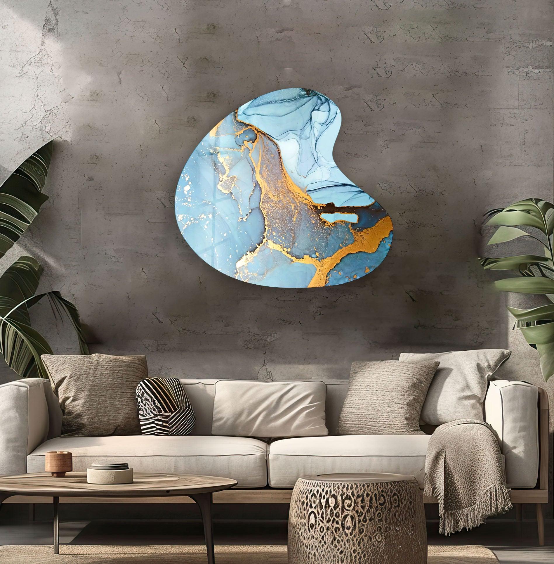 Blue Alcohol Ink Abstract Glass Wall Art - Handmade Irregular Modern Decor for Living Room, Bedroom & Office