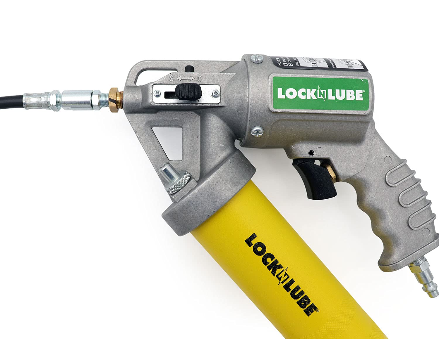 LockNLube 2-in-1 Pneumatic Grease Gun - Single Shot & Continuous Modes - Easy Sliding Selection Lever - Ideal for Automotive, Industrial & Farm Equipment Maintenance