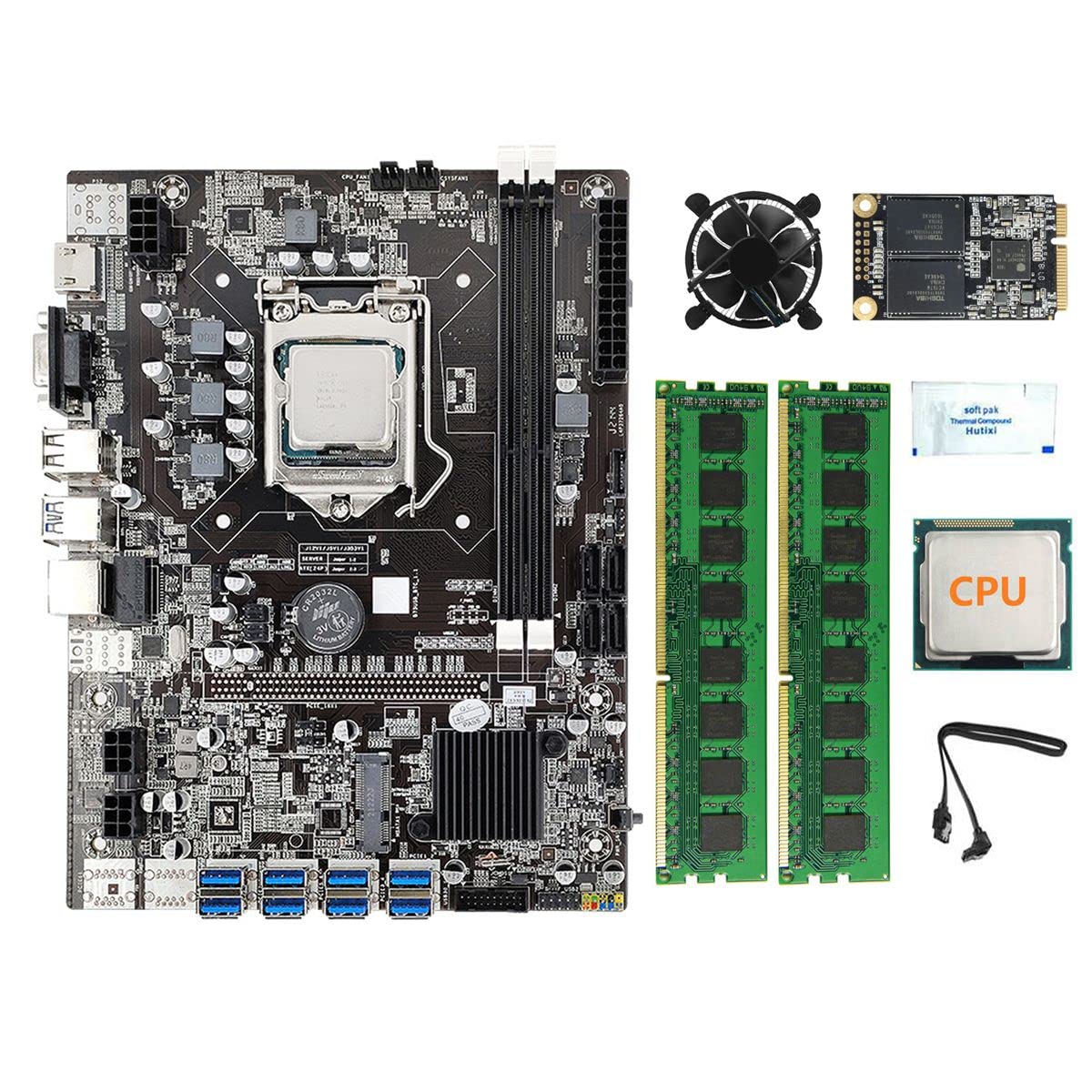 Ferleiss B75 8USB Bitcoin Mining Motherboard Kit with Intel CPU, 8GB DDR3 RAM (2x4GB), 128GB SSD, CPU Cooler, SATA Cable & Thermal Grease - LGA1155 Socket, DDR3 Slots, mSATA Support - Perfect for Crypto Mining Rigs & Home Office PCs