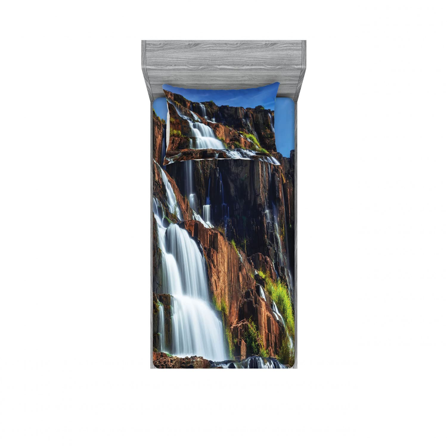 Ambesonne 2-Pack Twin Fitted Sheets & Pillow Sham Set - Exotic Pongour Waterfall Design, 4-Piece Bedding Set (2 Fitted Sheets + 2 Pillow Covers) in White & Blue | Soft Microfiber for Guest Room, Dorm, or Kids Bedroom Decor