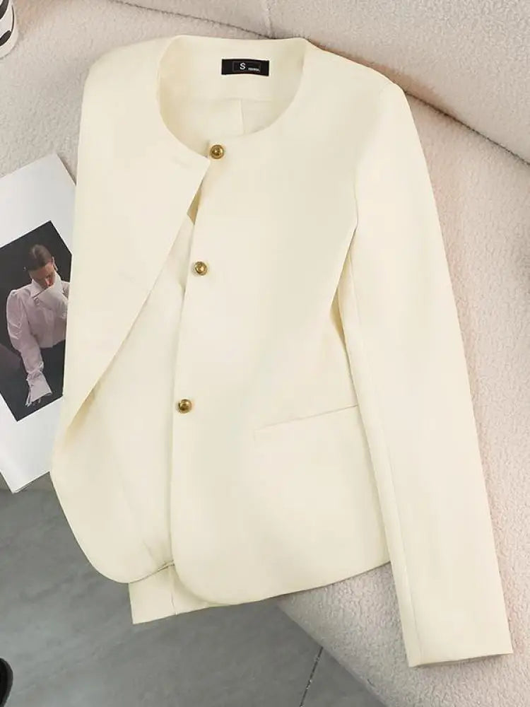 Women's Slim Fit Long Sleeve Blazer Coat - Black/Beige/Pink Round Neck Single Breasted Office Jacket for Spring & Autumn | Professional Workwear, Business Attire & Formal Occasions