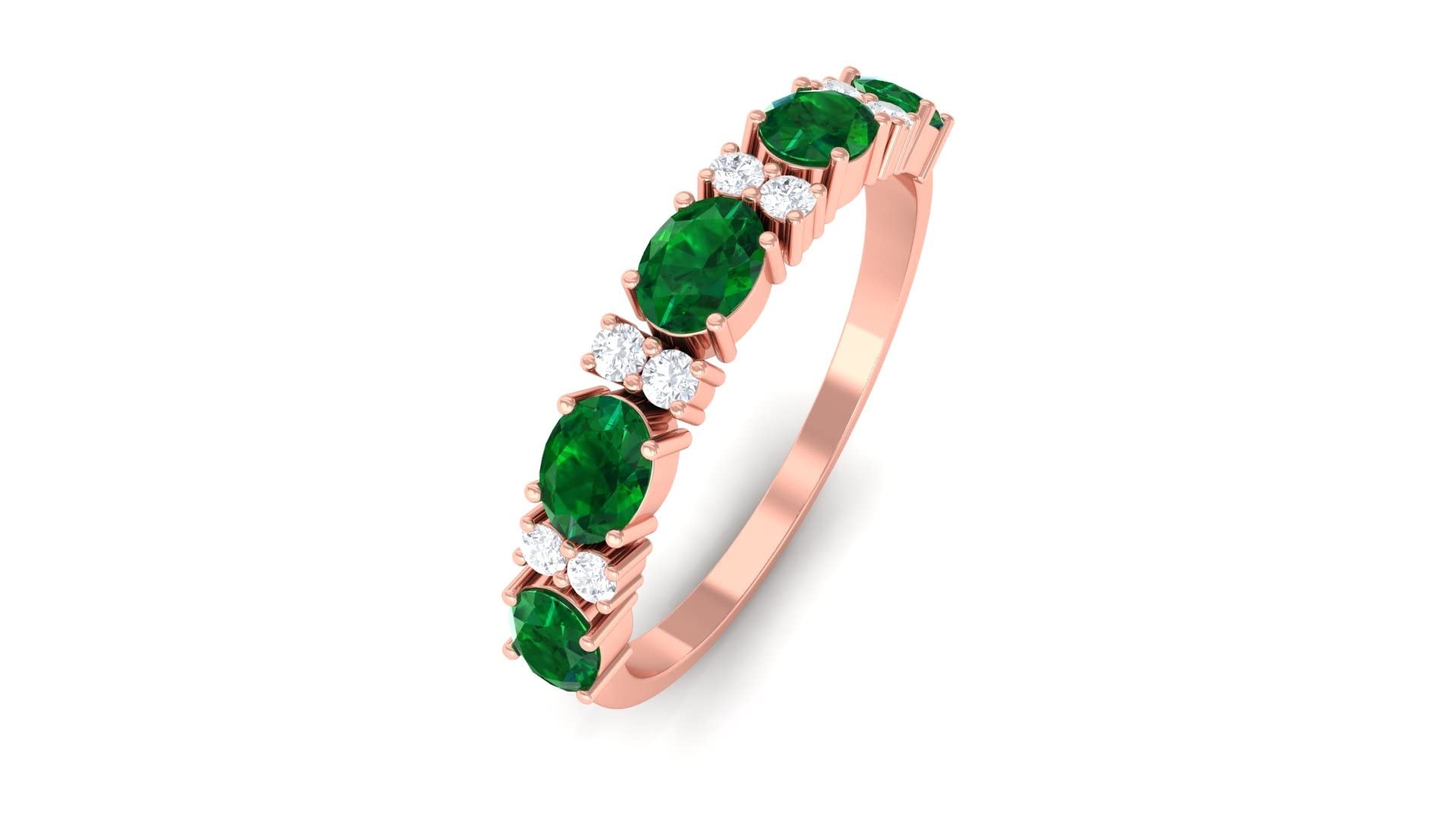 1 CT Oval Cut Natural Emerald and Diamond Half Eternity Ring for Women - 14K Solid Gold Wedding Band, Anniversary Gift, Engagement Ring, Promise Ring, Stackable Ring for Everyday Wear