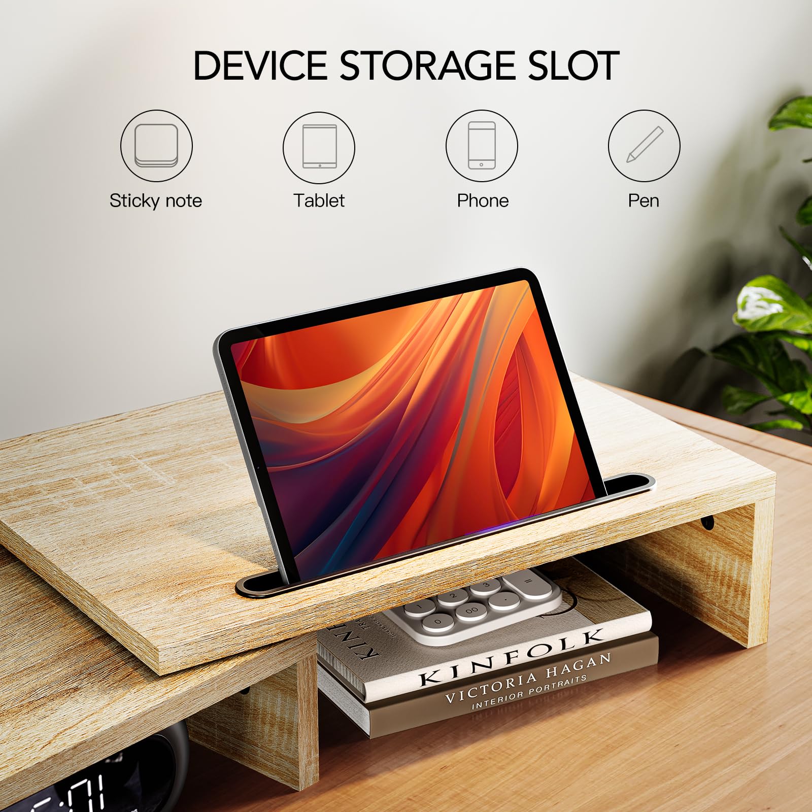 AMERIERGO Dual Monitor Stand Riser - Adjustable 3 Shelf Computer Desk Organizer with Extra Slots for PC, Laptop, Home & Office Workspace (Light Wood) - Perfect for Ergonomic Setup and Clutter-Free Workspace