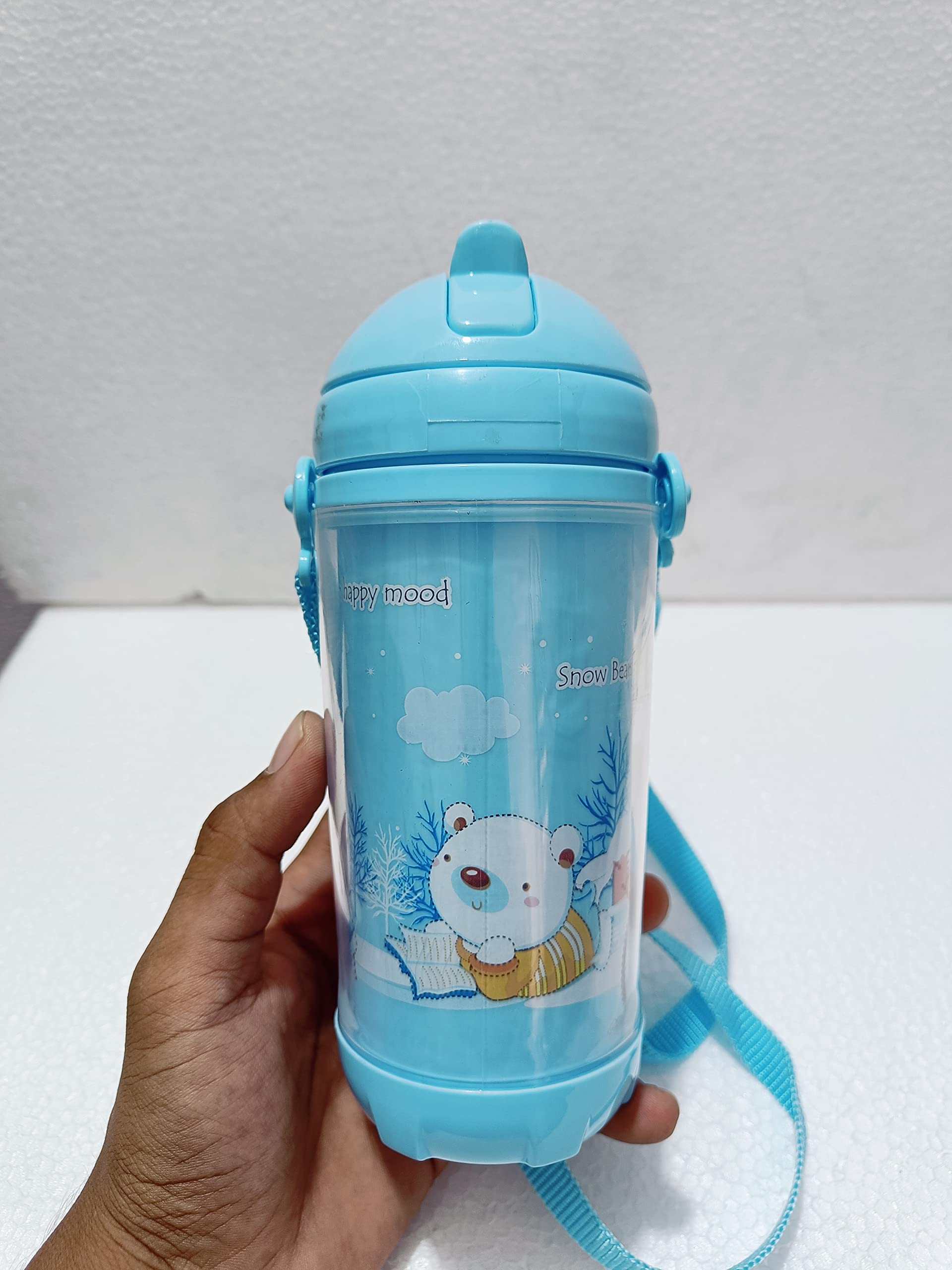 **Puthak Cute Kids Water Bottle with Straw - BPA Free, Leak Proof, Flip Top Lid & Silicone Sipper - 500ml Cartoon Printed (Blue) - Ideal for School, Travel, Sports & Outdoor Activities**