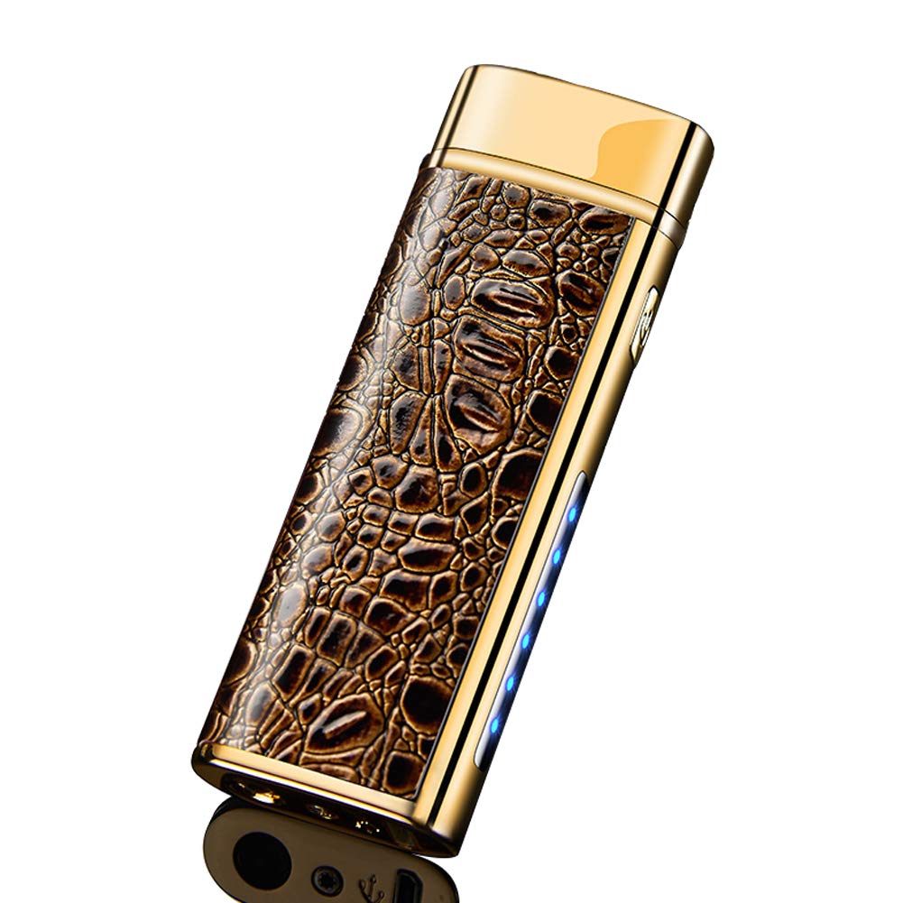 USB Rechargeable Leather Plasma Lighter - Windproof Electric Arc Lighter with LED Flashlight for Camping & Outdoor Use (Gold)