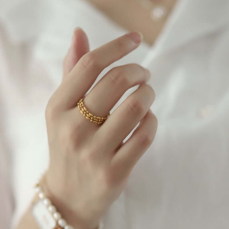18K Gold Petite Bead Soft Chain Ring Set - Delicate Layered Stackable Rings for Women | Perfect for Everyday Wear, Date Nights & Gift Giving | JZ060