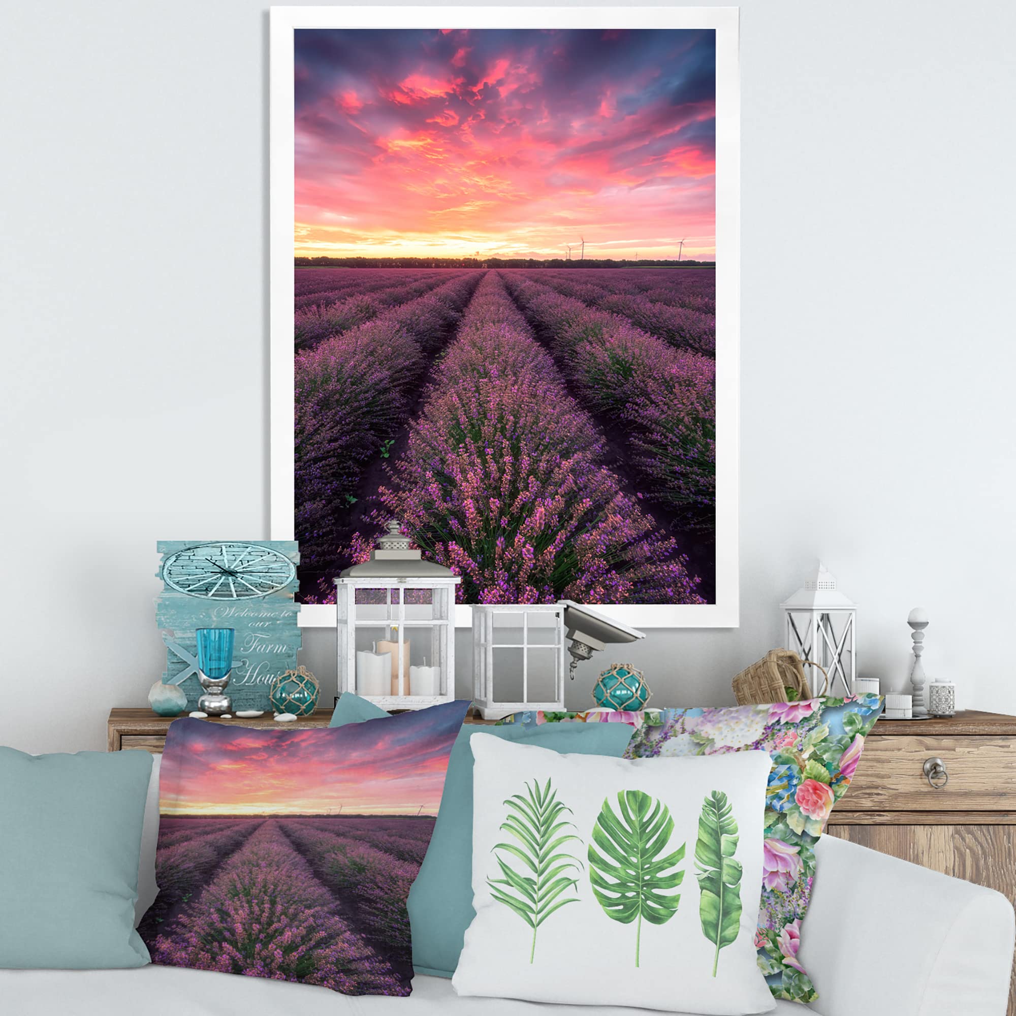 DesignQ Sunrise & Dramatic Clouds Over Lavender Field XIV Framed Canvas Wall Art - Perfect for Farmhouse, Living Room, Bedroom & Office Decor