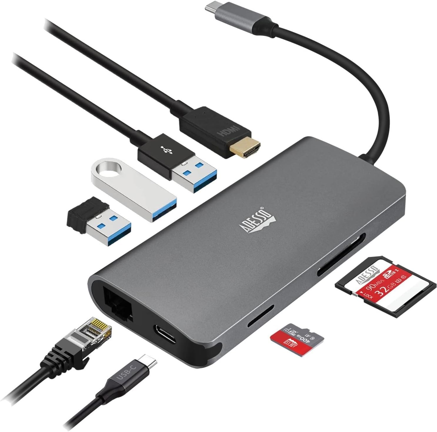 Adesso 8-in-1 USB-C Multiport Docking Station with HDMI, USB 3.0, Ethernet & SD Card Reader - Perfect for Home Office, Gaming & MacBook Pro Accessories