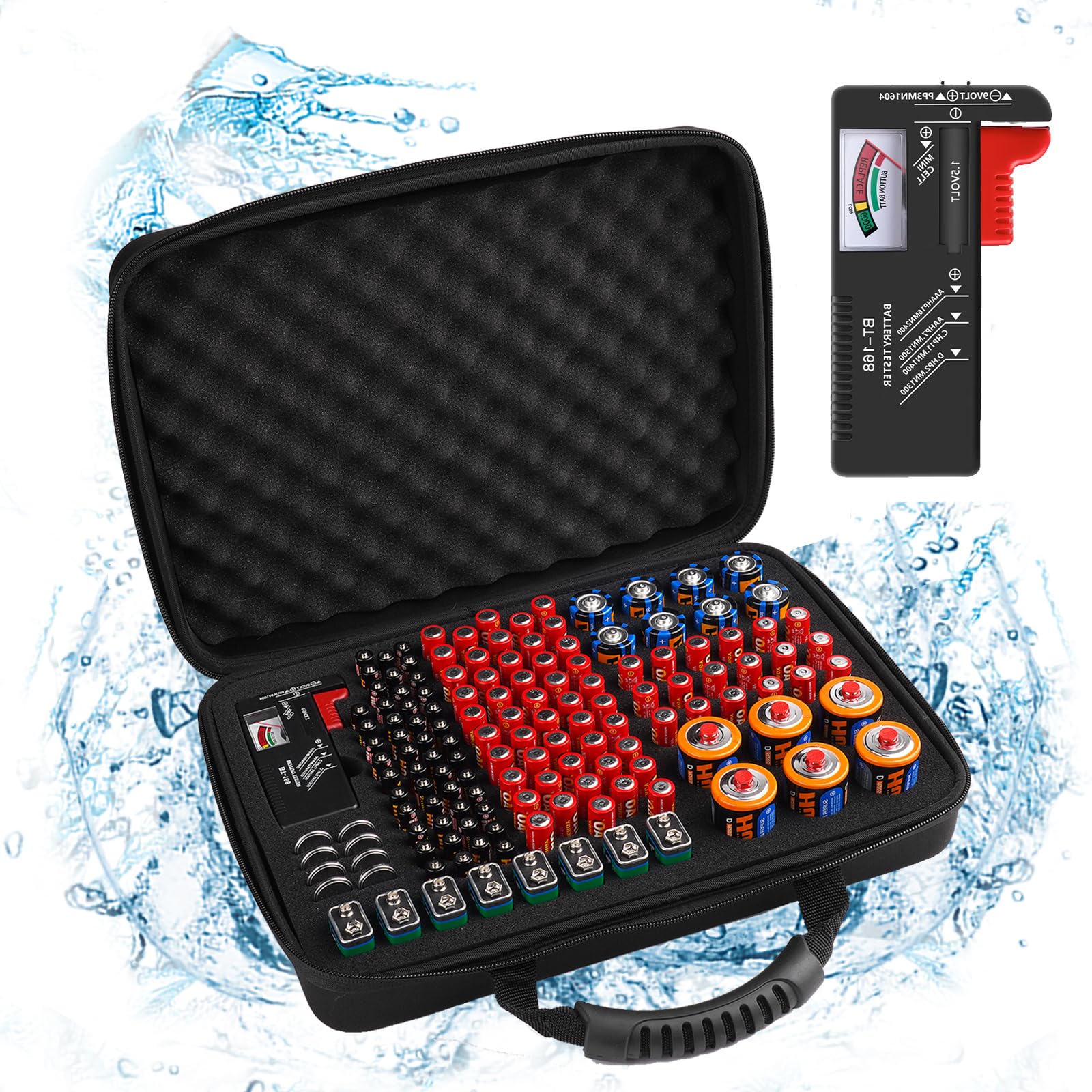 Arkeiliy Battery Organizer Storage Case with Tester BT-168 - Holds 145+ AA AAA C D 9V Batteries - Compact Black Battery Holder Box for Home, Office & Travel Organization